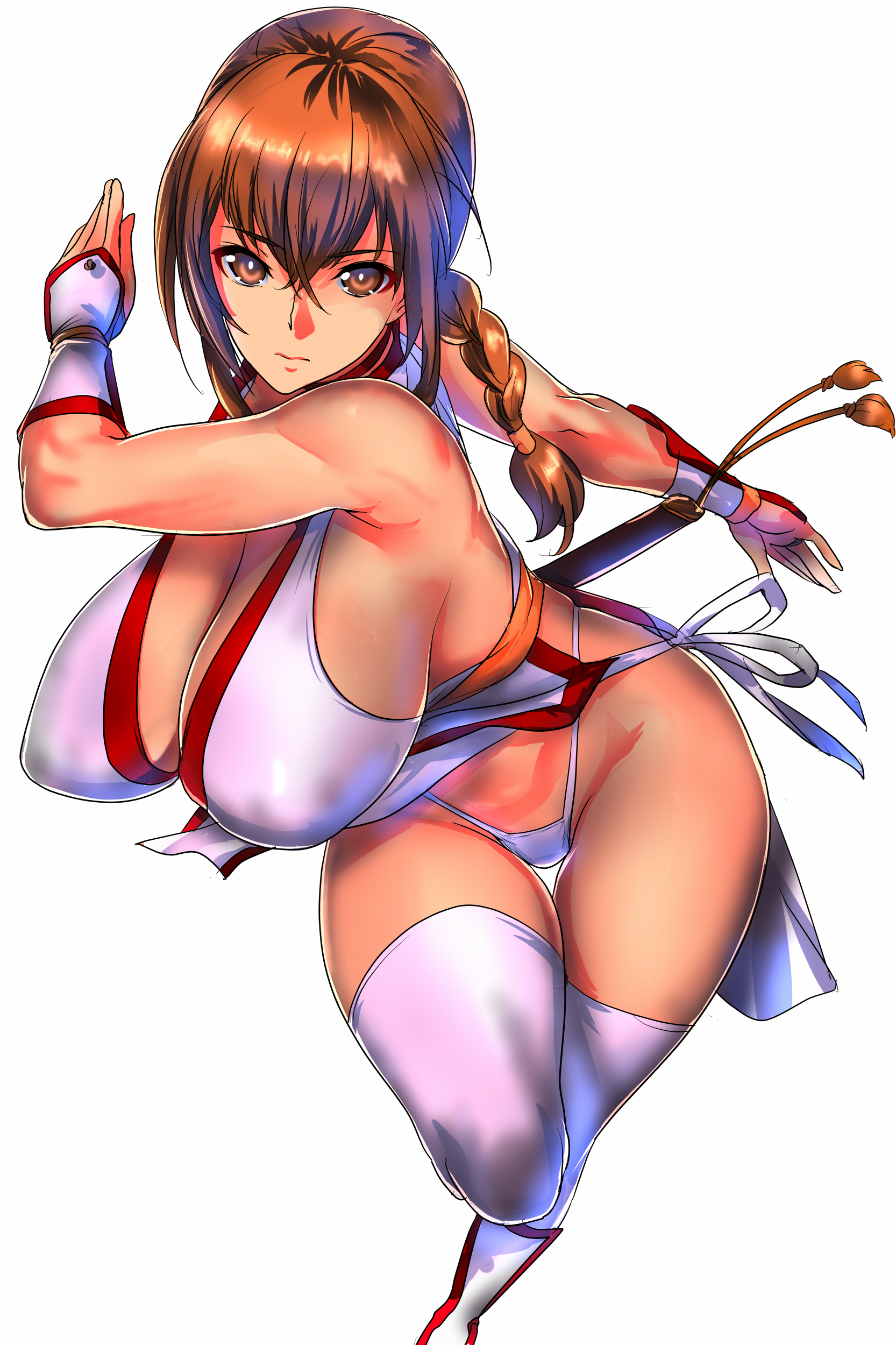 1girls, arm guards, armpit, bangs, bare shoulders, blank background, bouncing breasts, braid, breasts, brown eyes, brown hair, cleavage, curvaceous, dead or alive, dead or alive 2, enormous breasts, female, female fighter, female warrior, hi res, high resolution, highleg, highleg panties, highres, hourglass figure, huge breasts, japanese clothes, judge (oekaki), kasumi (doa), leg up, long braid, long hair, looking at viewer, massive breasts, matching hair and eye color, matching hair/eyes, ninja, panties, pantyshot, pantyshot (standing), pelvic curtain, pelvic line, plain background, revealing clothes, shiny, shiny hair, simple background, single braid, single female, sleeveless, solo, solo female, sword, thighhighs, underwear, voluptuous, weapon, weapon on back, white background, white legwear, white panties, white underwear