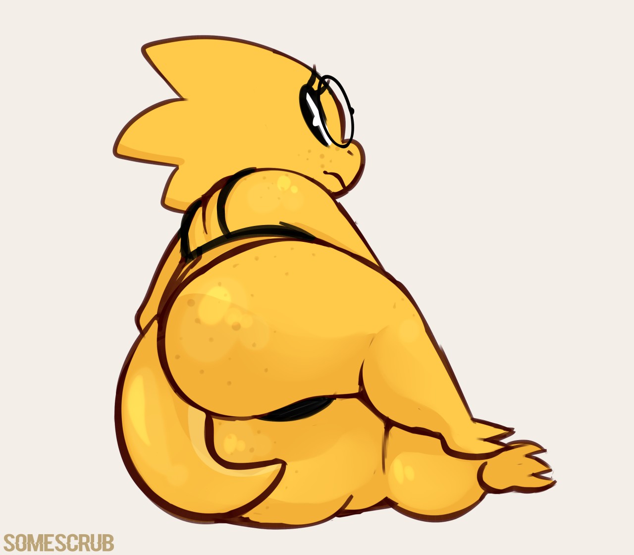 1girls, 2d, alphys, anthro, ass, big ass, big butt, bra, chubby, female, female only, glasses, humanoid, lizard, lizard girl, lizard humanoid, looking at viewer, looking back, panties, reptile, reptile humanoid, solo, somescrub, tagme, thong, undertale, undertale (series), underwear, yellow body, yellow skin