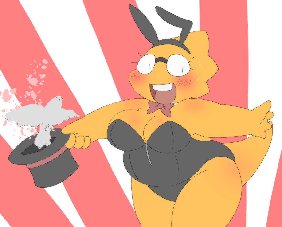 1girls 2d alphys alpi anthro aruput aruput_ut avian bird bunny_ears bunnysuit chubby female female_only glasses humanoid lizard_girl lizard_humanoid magician magician_hat solo tagme undertale undertale_(series) yellow_body