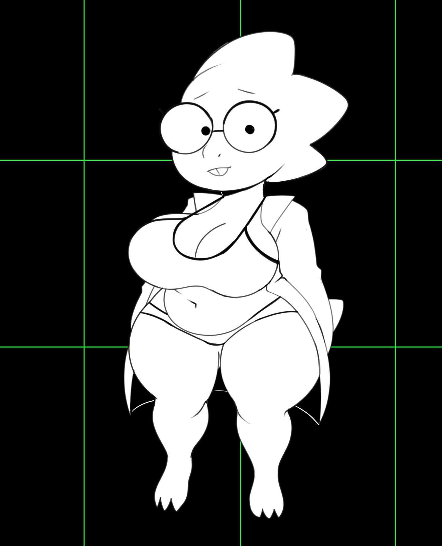 1girls, 2d, alphys, anthro, big breasts, bra, breasts, chubby, cleavage, female, female only, glasses, huge breasts, humanoid, labcoat, lizard, lizard girl, lizard humanoid, looking at viewer, monochrome, nervous, open clothes, panties, reptile, reptile humanoid, solo, somescrub, standing, thong, undertale, undertale (series)
