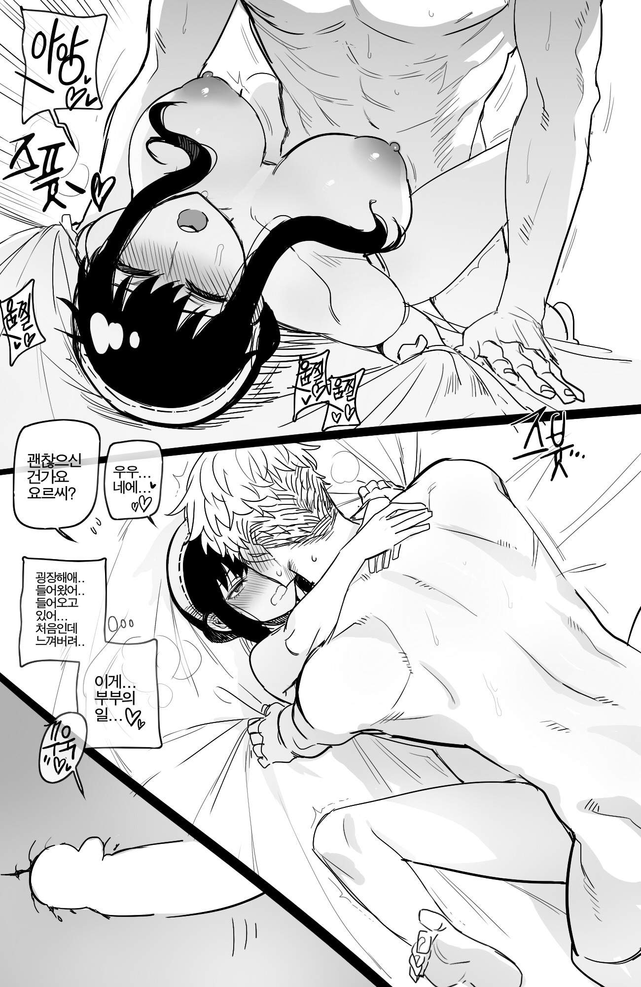 1boy, 1girls, comic, faceless male, female, highres, korean commentary, korean text, loid forger, male, male/female, mr.skull, nude, on back, penis, ratatatat74, sex, spy x family, unseen male face, x-ray, yor briar, yor forger