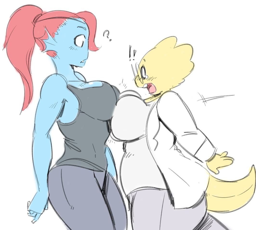!, !!, 2d, 2girls, alphys, angstrom, anthro, anthro only, blue body, blue skin, breast press, breasts, chubby, chubby female, eyepatch, female, female only, fish girl, fish humanoid, glasses, humanoid, lizard, lizard girl, lizard humanoid, red hair, reptile, reptile humanoid, simple background, tagme, undertale, undertale (series), undyne, white background, yellow body, yellow skin, yuri