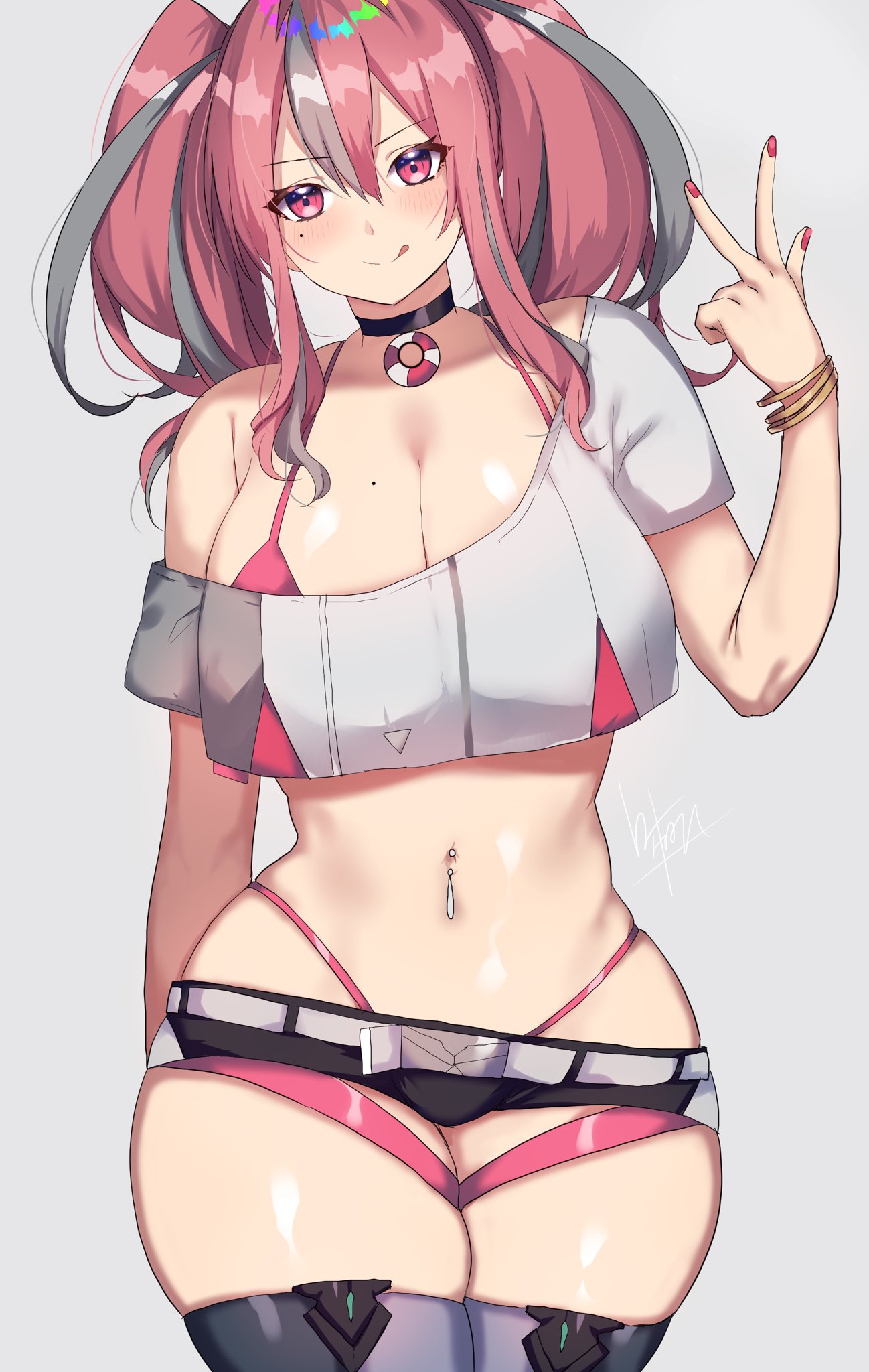 1girls, 2022, azur lane, beauty mark, belly button piercing, bikini, blush, booty shorts, breasts, bremerton (azur lane), cleavage, female, female only, hips, huge breasts, long hair, looking at viewer, mashiro (rikuya), mole on breast, mole under eye, peace sign, pink bikini, pink eyes, pink hair, short shorts, shorts, slim waist, smile, thick thighs, thighs, twintails, wide hips