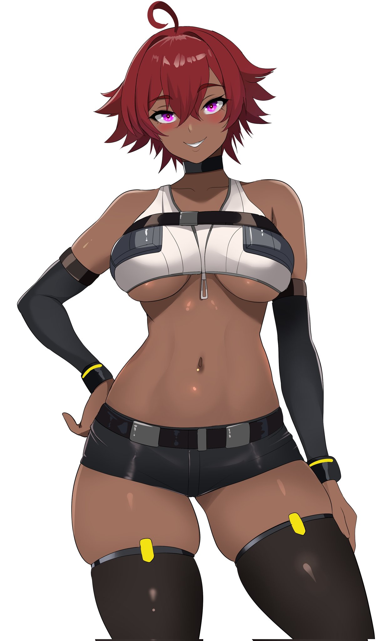 1girls, bare midriff, bare thighs, breasts, choker, dark skin, dark-skinned female, female, female only, fully clothed, lainart, medium breasts, meiko (lainart), midriff, midriff baring shirt, original, purple eyes, red hair, revealing clothes, short hair, short shorts, shorts, skindentation, solo, stockings, thick thighs, thighhighs, thighs, underboob, zipper