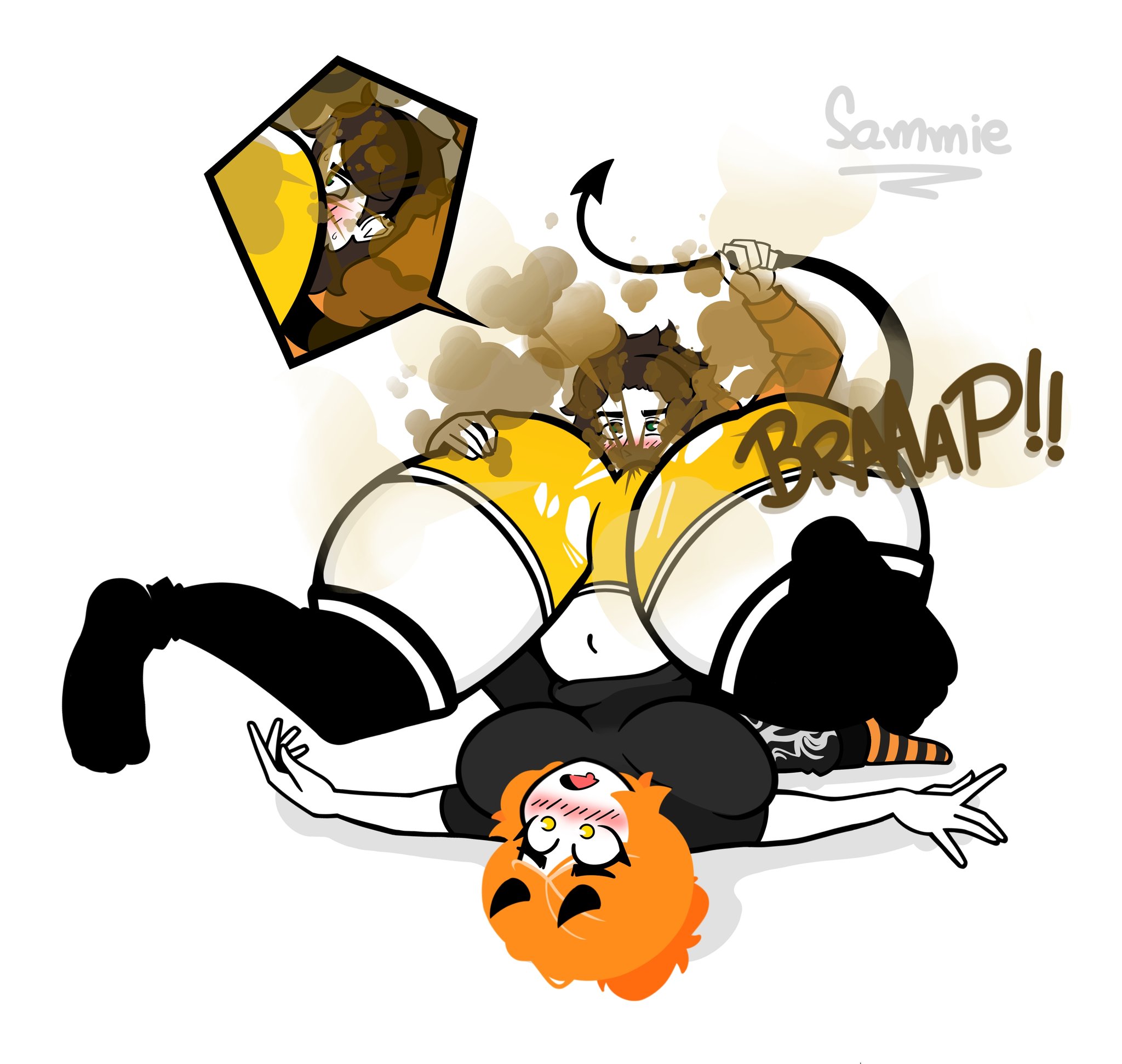 1boy, 1girls, big thighs, black socks, brown fart, devil, devil horns, devil tail, enjoying farts?, fart, fart fetish, farting, farting in face, female, grabbing tail, horns, male, oc, orange hair, ripped clothing, sammiepoop, simple artstyle, smaller male, smaller male larger female, socks, thighhighs, white background, yellow pants, yellow shorts