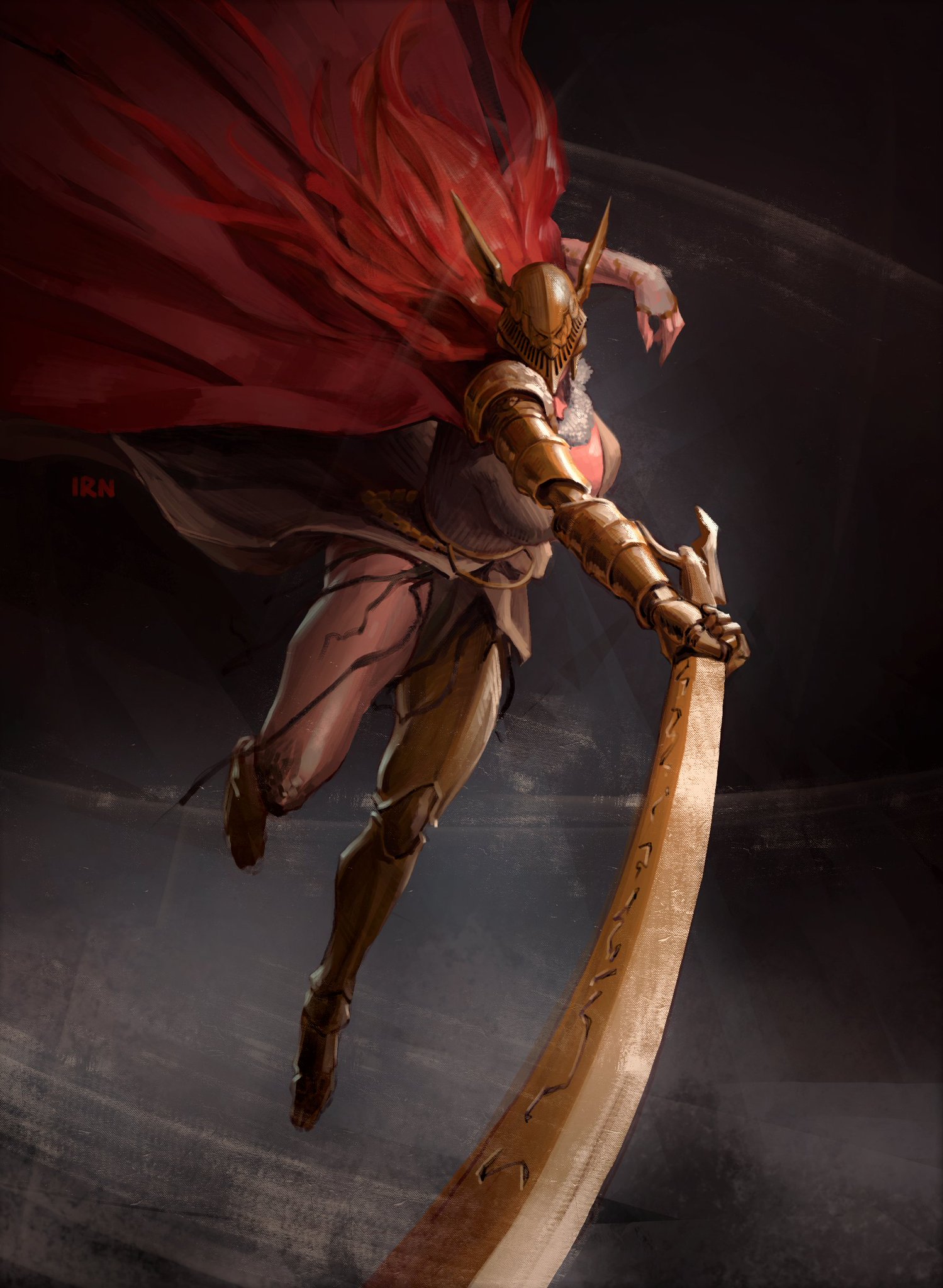 1girls, amazon, big breasts, bimbo, breasts, brown clothing, cape, dark void, demigoddess, elden ring, female, female only, fromsoftware, gold armor, helmet, iranon, light skin, light-skinned female, malenia blade of miquella, muscular, muscular female, muscular thighs, painting (artwork), prosthetic arm, prosthetic leg, red hair, solo, solo female, solo focus, sword, thick thighs