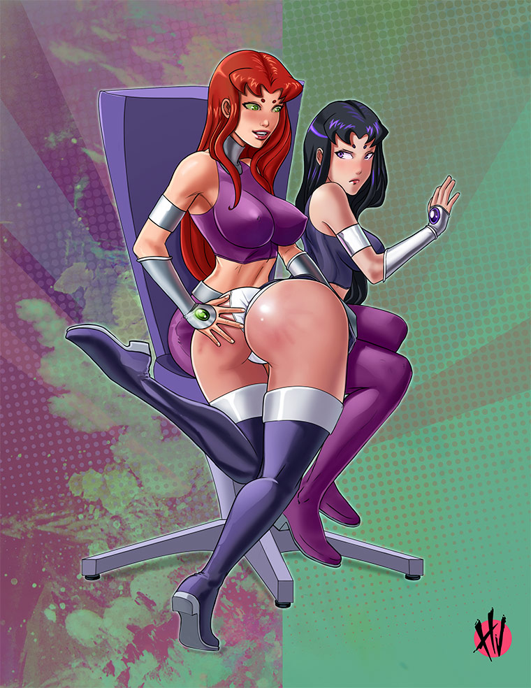 alien girl, artist request, ass, blackfire, boots, dc, dc comics, female, female only, komand'r, koriand'r, panties, sisters, smooth skin, spanked, spanking, starfire, superheroine, teen titans, thigh boots, white panties
