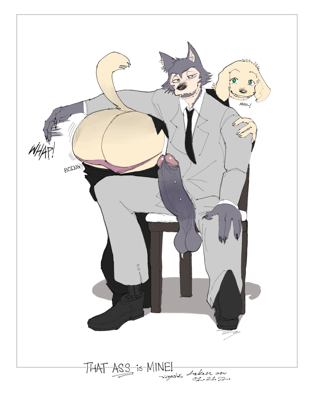 2022 anthro anthro_on_anthro ass balls beastars bent_over big_butt big_penis bird_dog bodily_fluids bottomwear bottomwear_down bubble_butt butt_jiggle canid canine canis chair claws clothed clothing domestic_dog dress_shirt duo english_text erect_while_spanking erection erokaiga footwear fur furniture genitals hi_res huge_butt huge_cock humanoid_genitalia humanoid_penis hunting_dog jack_(beastars) jacket jiggling labrador legoshi_(beastars) looking_at_viewer male male/male male_only mammal motion_lines necktie onomatopoeia pants pants_down partially_clothed penis photo retriever saggy_balls shirt shoes simple_background sitting smile sound_effects spanking standing suit sweat text topwear tuft underwear underwear_down unzipped white_background wolf