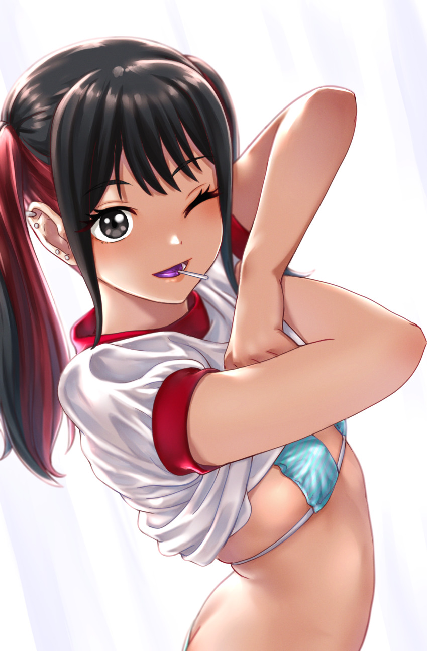 1girls absurdres ass_cleavage bikini bikini_under_clothes black_eyes black_hair butt_crack candy clothes_lift curtains cute ear_piercing food food_in_mouth fringe goth gym_shirt gym_uniform highres kobamiso_(kobalt) lifted_by_self lollipop mouth_hold multicolored_hair one_eye_closed pale-skinned_female petite piercing red_hair removing_clothing school_uniform schoolgirl seductive_look shirt shirt_lift sidelocks solo sono_bisque_doll_wa_koi_wo_suru streaked_hair string_bikini sugaya_nowa swimsuit teenager twintails two_tone_hair white_shirt young