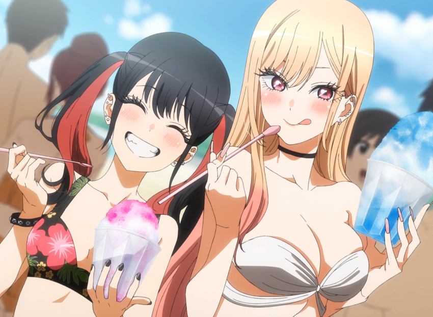 1boy 2girls :p bare_shoulders beach bikini black_bikini black_eyes black_hair black_nails blonde_hair blush bracelet breasts choker cleavage collarbone cute ear_piercing earrings eyes_closed female floral_print food fringe goth gradient_hair gyaru highres ice_cream jewelry kitagawa_marin large_breasts light-skinned_male long_hair male medium_breasts multicolored_hair multiple_girls nail_polish pale-skinned_female petite piercing pink_eyes pink_hair pink_nails red_eyes red_hair schoolgirl screencap sidelocks smile sono_bisque_doll_wa_koi_wo_suru stitched strapless strapless_bikini sugaya_nowa swimsuit teenager teeth third-party_edit tongue tongue_out twintails two_tone_hair white_bikini young