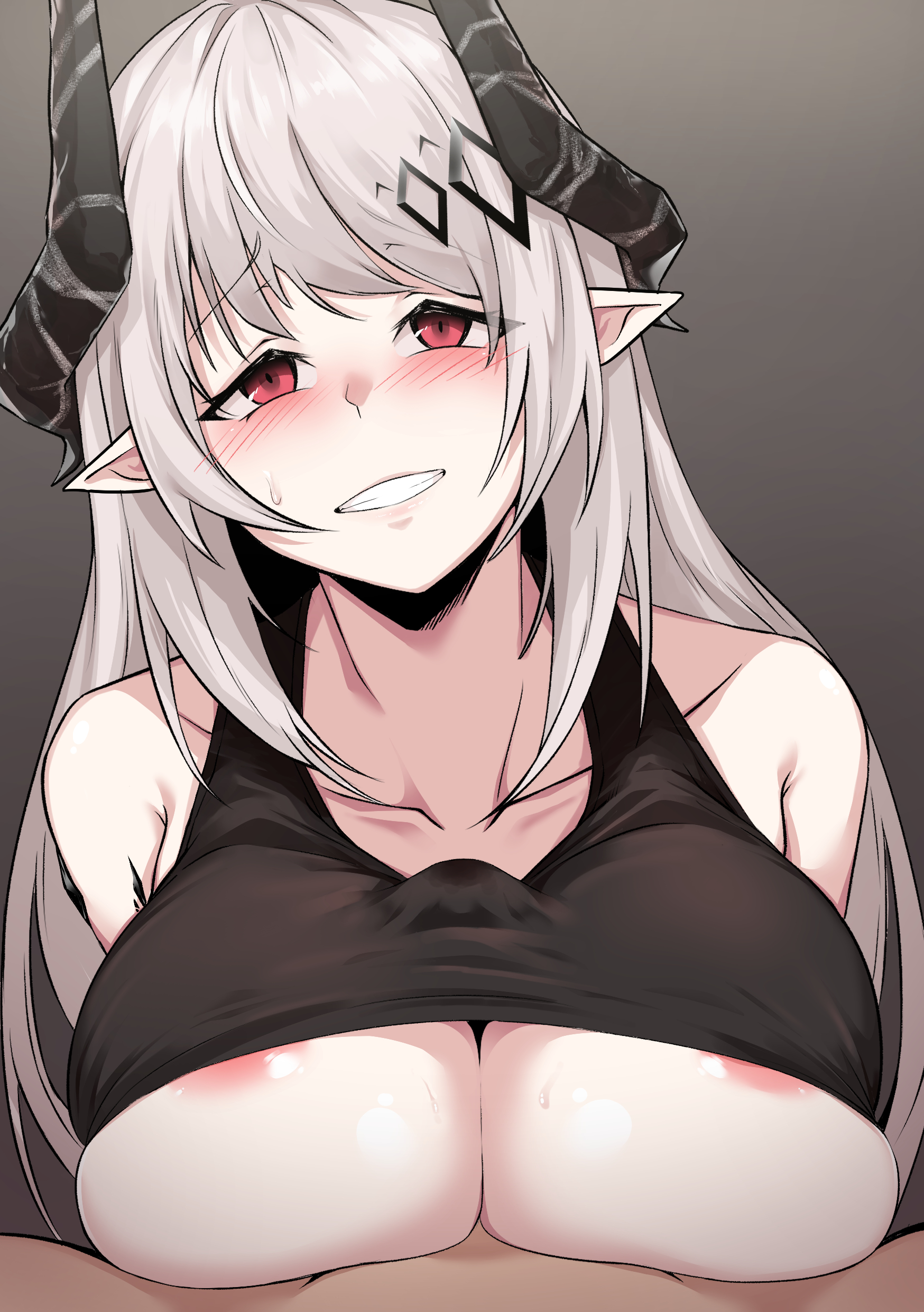 1boy, 1girls, arknights, blush, breasts, female, hair ornament, horns, looking at viewer, male, mudrock (arknights), nipples, paizuri, partially clothed, penis, penis between breasts, penis under clothes, pointy ears, red eyes, smile, sweat, tofutofu, white hair