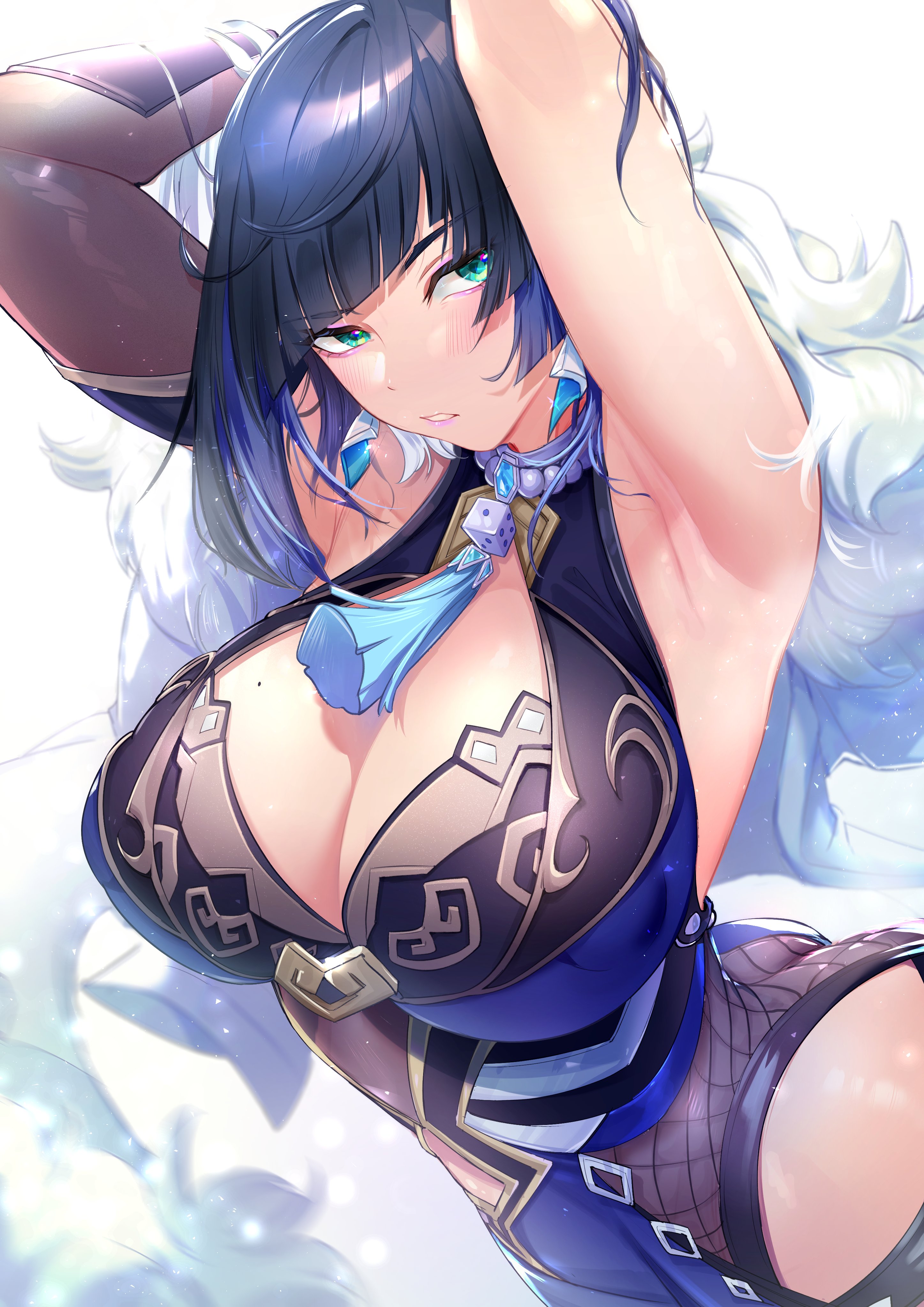 armpit, armpit fetish, armpits, arms behind back, arms up, asumi03330, bangs, big breasts, black gloves, black hair, blue dress, blue hair, blush, bob cut, breasts, cleavage, curvy, diagonal bangs, dress, earrings, elbow gloves, eyebrows visible through hair, female, fur trim, fur-trimmed jacket, genshin impact, gloves, green eyes, highres, huge breasts, jacket, jacket on shoulders, jewelry, large breasts, looking at viewer, mole, mole on breast, multicolored hair, neck tassel, parted lips, single elbow glove, sleeveless, sleeveless dress, solo, thick thighs, two-tone hair, voluptuous, white background, white jacket, yelan (genshin impact)