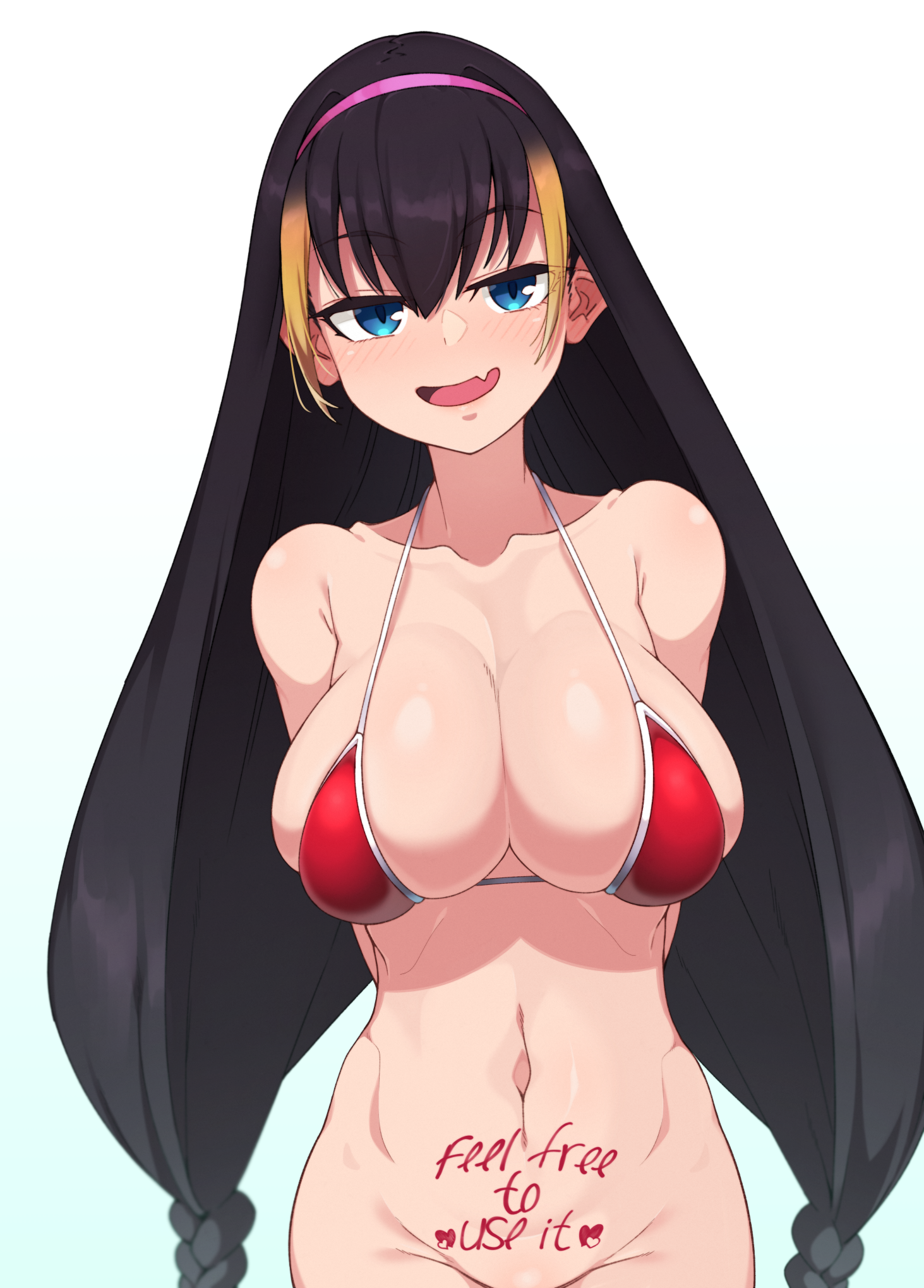 1girls, bangs, bare shoulders, bikini, bikini top, black hair, blue eyes, blush, body writing, breasts, colored tips, eyebrows visible through hair, fangs, female, gradient hair, hair between eyes, hair ornament, hairband, hands behind back, hi res, irokohaku, large breasts, lessar, long hair, looking at viewer, midriff, naughty face, navel, nose blush, open mouth, pink hairband, shiny, shiny skin, sidelocks, simple background, skindentation, smile, smiling at viewer, solo, streaked hair, teenage female, teenager, teeth, to aru majutsu no index, upper teeth, white jacket, young
