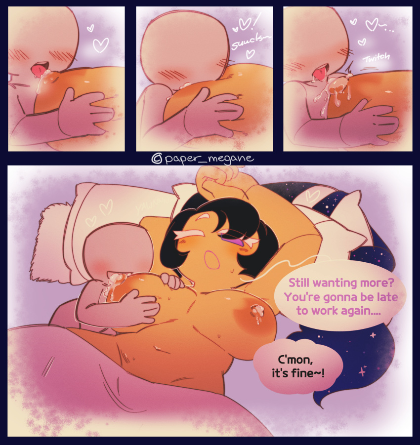 <3, 1girls, ambiguous gender, anon, areolae, bed, big areola, big breasts, blue hair, blush, breast sucking, breasts, cookie run, cookie run kingdom, dialogue, english text, eyelashes, female, female/ambiguous, hair, heart, lactating, lactation, long hair, lying on back, milk, moonlight cookie, one eye closed, open mouth, paper megane, pillow, sex, smile, speech bubble, steam, steamy breath, sucking nipples, sweat, tan body, text, tongue, tongue out
