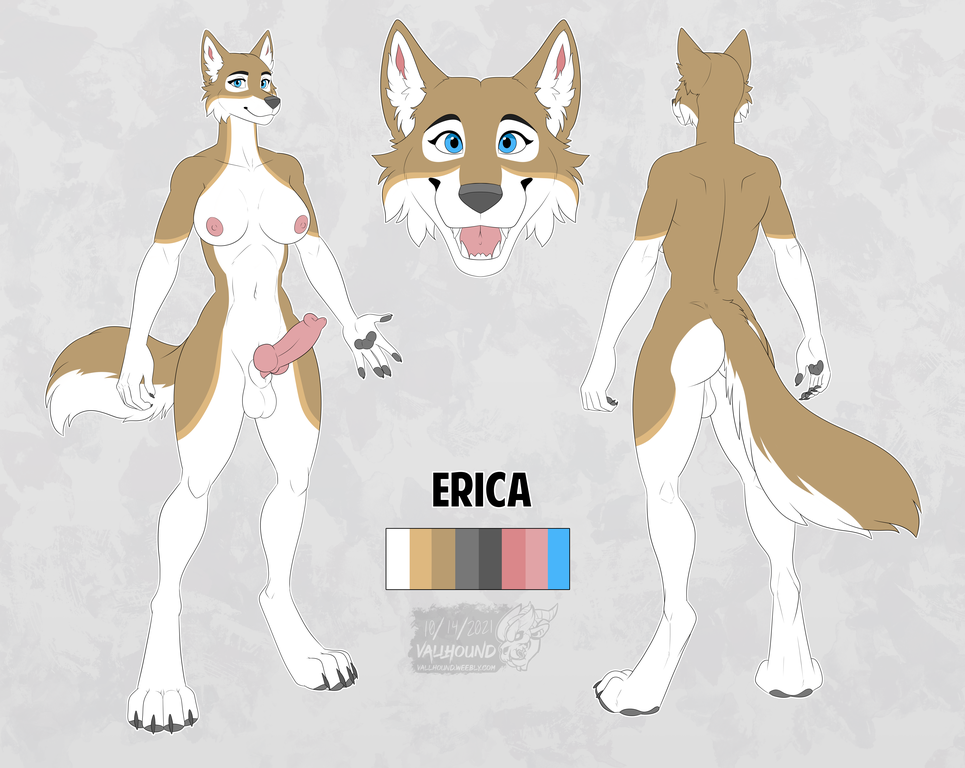 1futa animal_genitalia animal_penis anthro ass blue_eyes breasts canid canine canine_penis canis erection erica_(stormwolff) futanari genitals gynomorph intersex mammal model_sheet penis sheath smile smiling_at_viewer solo tongue vallhund wolf