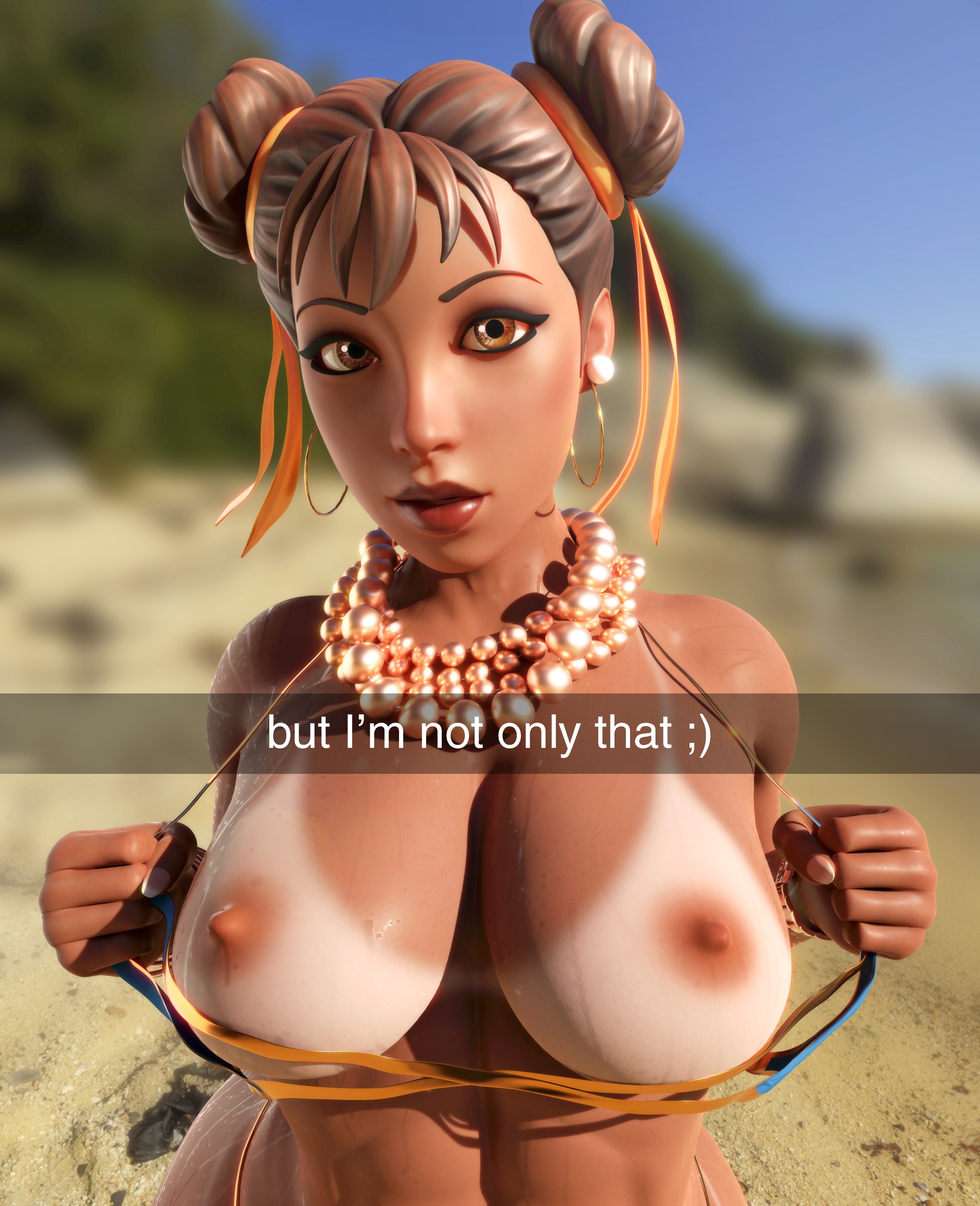 1girls, 3d, abs, big breasts, bikini top, breasts, breasts out, brown eyes, caladdicted, capcom, chun-li, chun-li (fortnite), earrings, eyebrows, eyelashes, eyeshadow, female, female only, fortnite, fortnite: battle royale, lipstick, looking at viewer, nipples, seductive, selfie, snapchat, solo, solo female, source request, street fighter, tagme, tan skin, tanline, teasing, text