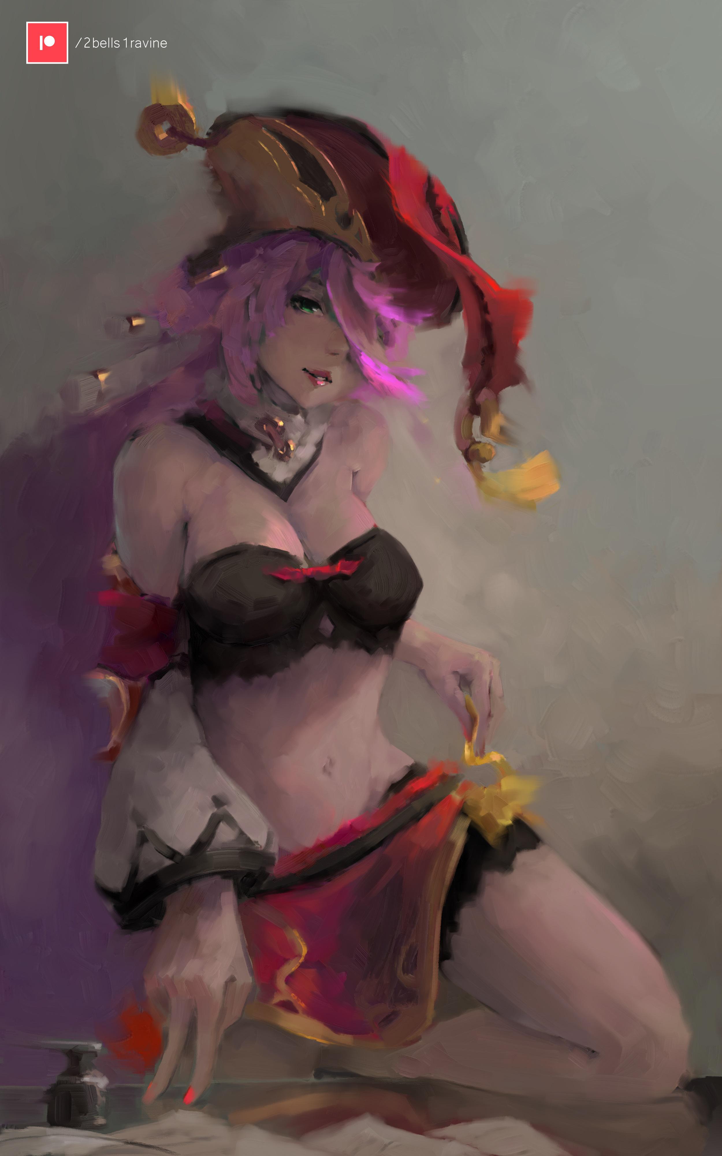 1girls, 2bells1ravine, belly, belly button, black bra, cleavage, female, genshin impact, hat, knee on table, looking at viewer, nailpolish, painting (artwork), solo, solo female, stomach, thighs, yanfei (genshin impact)