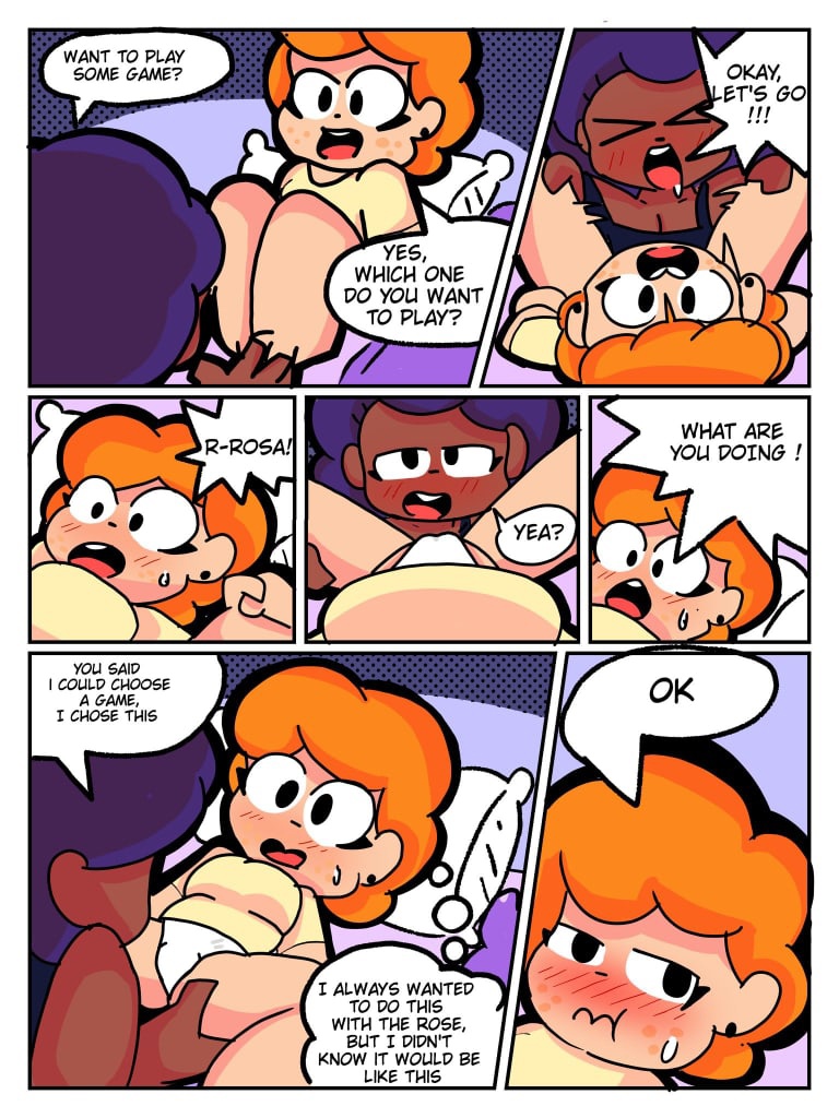 2girls, bea (brawl stars), bed, blue hair, blush, brawl stars, comic, dark skin, dark-skinned female, dialogue, drunk, female, kevinsimp, lesbian, orange hair, panties, rosa (brawl stars), speech bubble, sweat, tongue, tongue out, yuri