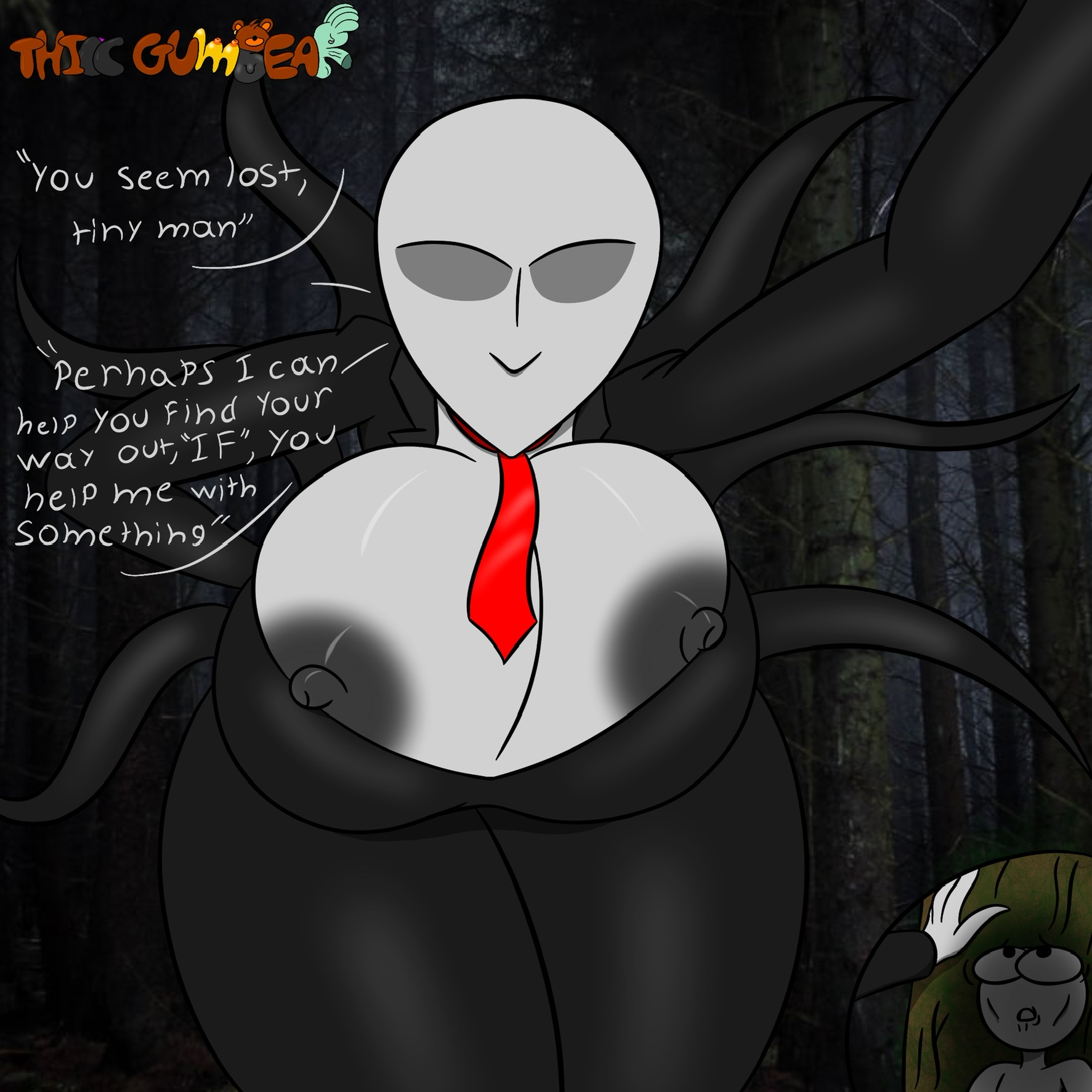 1boy, 1girls, areolae, ass, big areola, big areolae, big ass, big breasts, big butt, big nipples, black suit, breasts, creepypasta, eldritch horror, female, larger female, light skin, light-skinned female, male, monster, nightmare waifu, nipples, no bra, no eyes, no face, no mouth, pale skin, pale-skinned female, pine tree, rule 63, scared, shaded, shocked, size difference, slender, slenderman, slenderwoman, smaller male, speech bubble, suit, suit and tie, taller female, tentacle, thiccgumbear, thick ass, thick thighs, thighs, tie, tree, white body, white skin, wide hips, woods