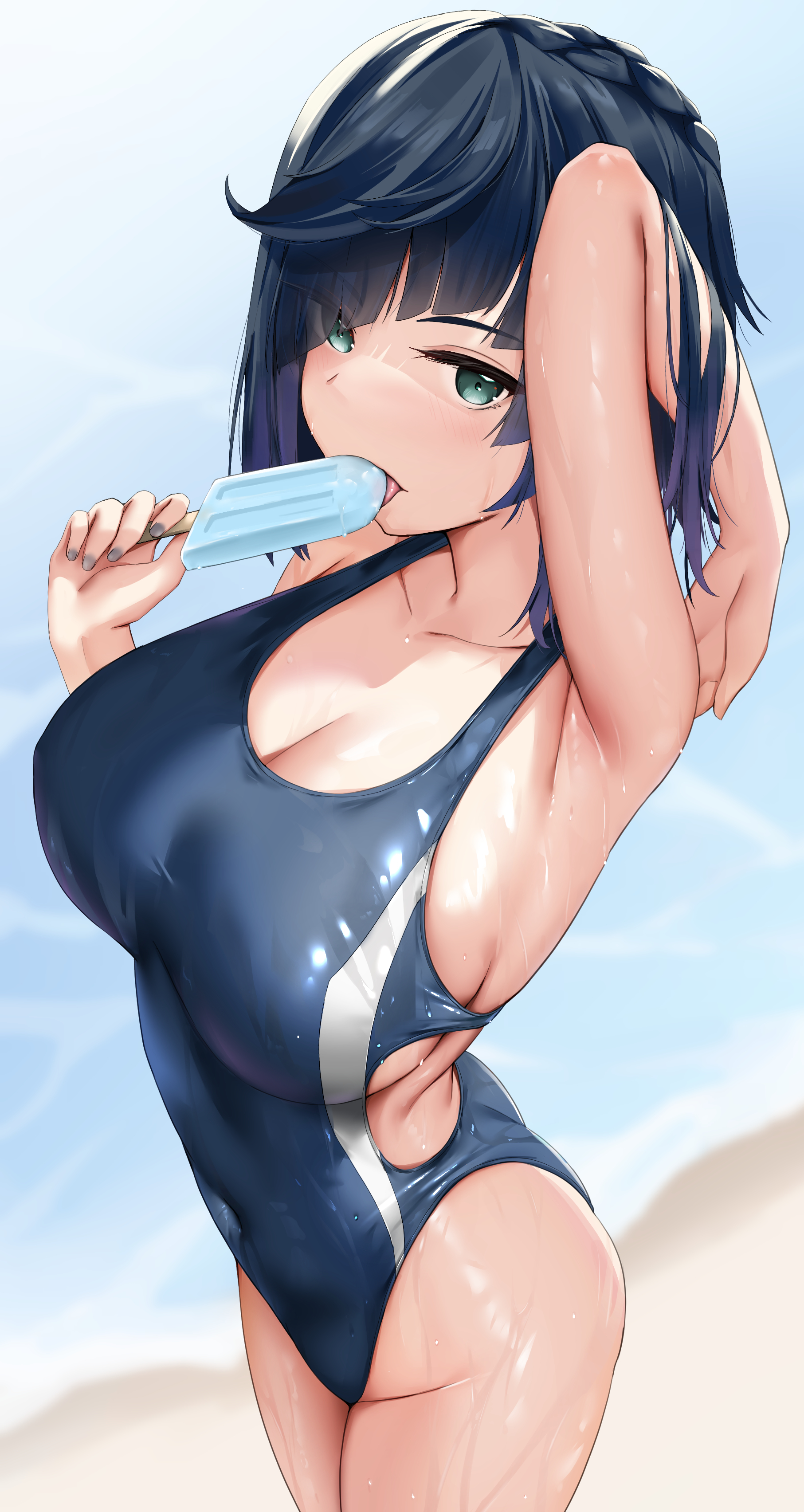 1girls, absurd res, breasts, cleavage, female, female only, genshin impact, hi res, large breasts, looking at viewer, one-piece swimsuit, popsicle, sideboob, skai kun, solo, swimsuit, wet, yelan (genshin impact)