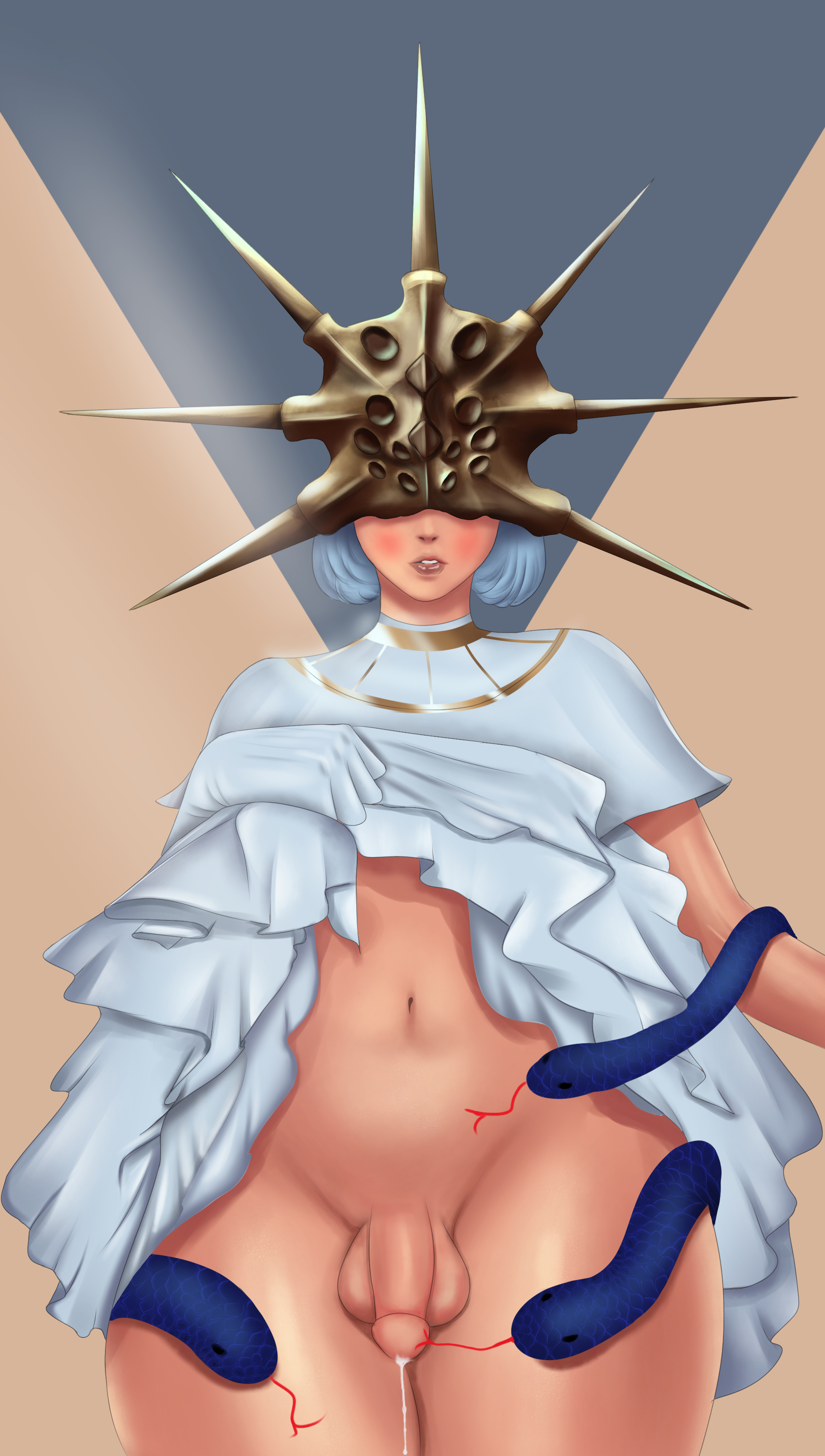 anus, blush, bottomless, cum drip, dark souls, dark sun gwyndolin, dress lift, eyes covered, femboy, feminine male, flaccid, fromsoftware, functionally nude, gloves, helmet, looking at viewer, male, male only, mask, masked, no underwear, penis, short hair, silver hair, snakes, solo, sunday322, thick thighs, uncensored, white gloves, wide hips