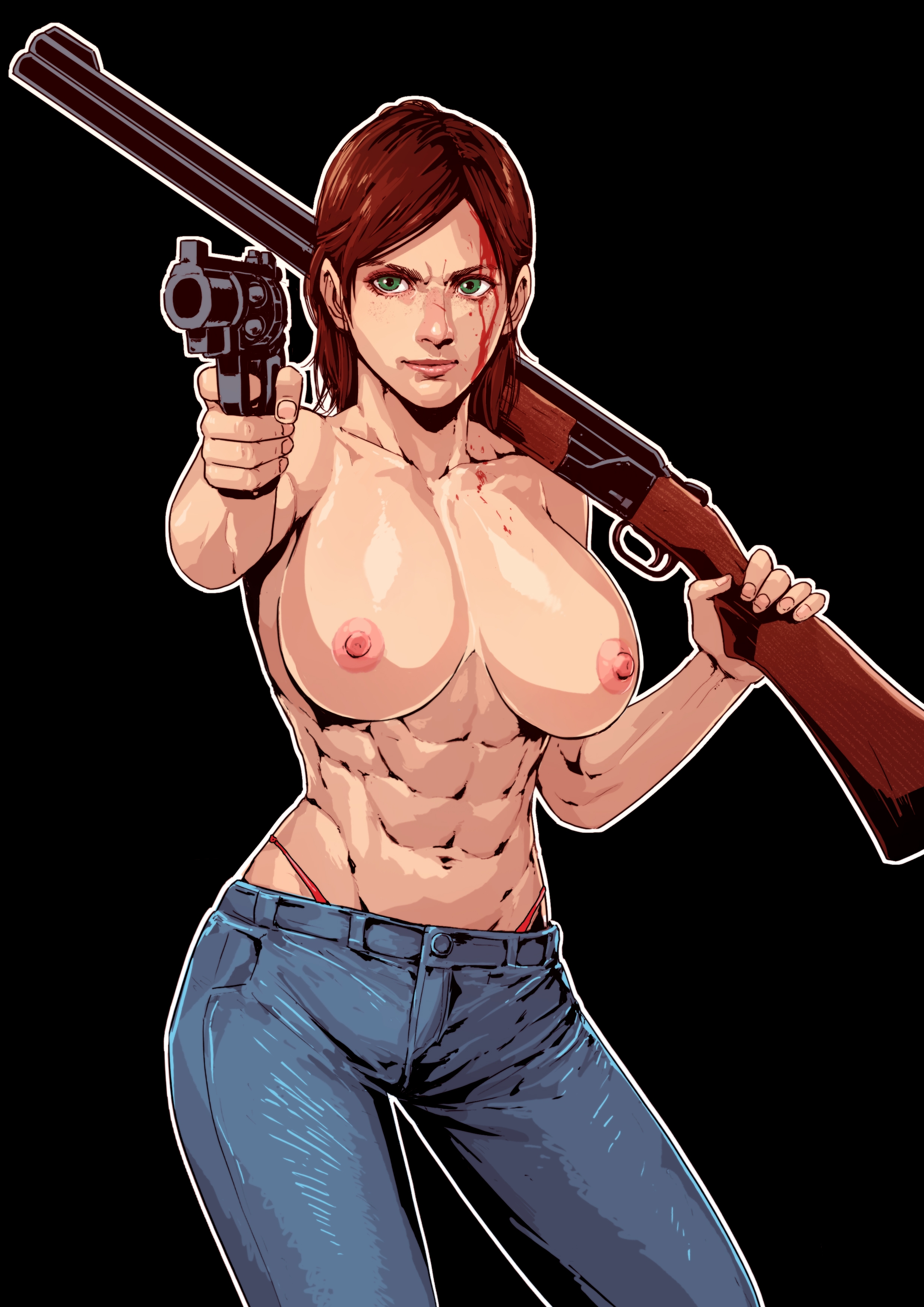 1girls, abs, absurd res, aged up, blood, breasts, brown hair, casual, cirenk, clothed, commission, double-barreled shotgun, ellie (the last of us), ellie williams, female, firearm, green eyes, gun, guns, handgun, highleg panties, holding gun, human, injury, jeans, large breasts, medium hair, muscular, muscular female, nipples, older, pale skin, panties, pistol, red panties, revolver, second-party source, shotgun, solo, the last of us, the last of us 2, thong, topless, topless jeans, weapon