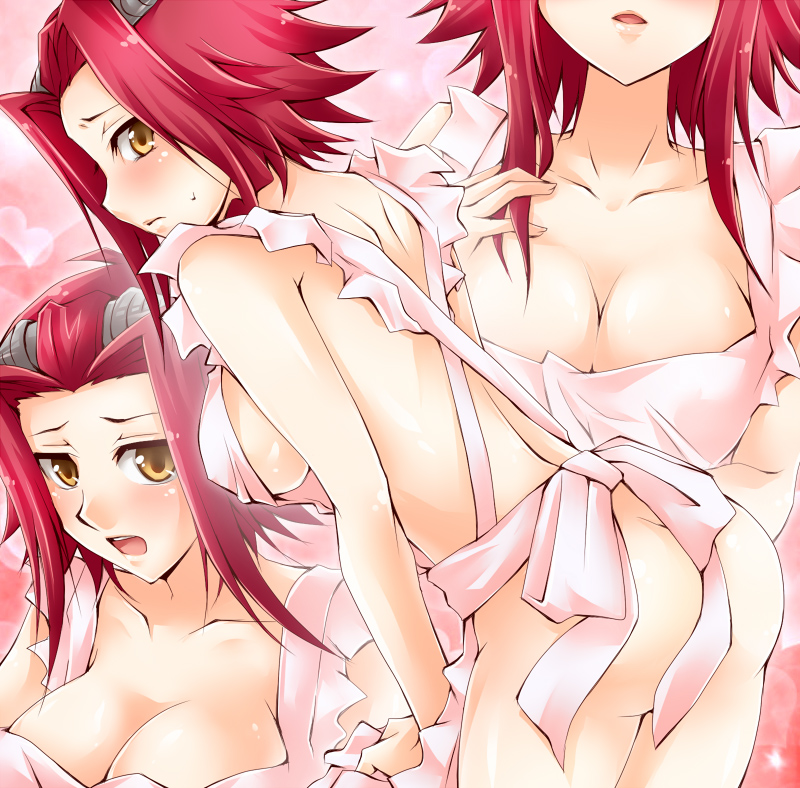 akiza_izinski ass blush breasts cleavage female hair head_out_of_frame human izayoi_aki large_breasts mugicha_(sukimachaya) naked_apron open_mouth red_hair short_hair sideboob solo sukimatyaya sweat thighs yellow_eyes yu-gi-oh! yu-gi-oh!_5d's