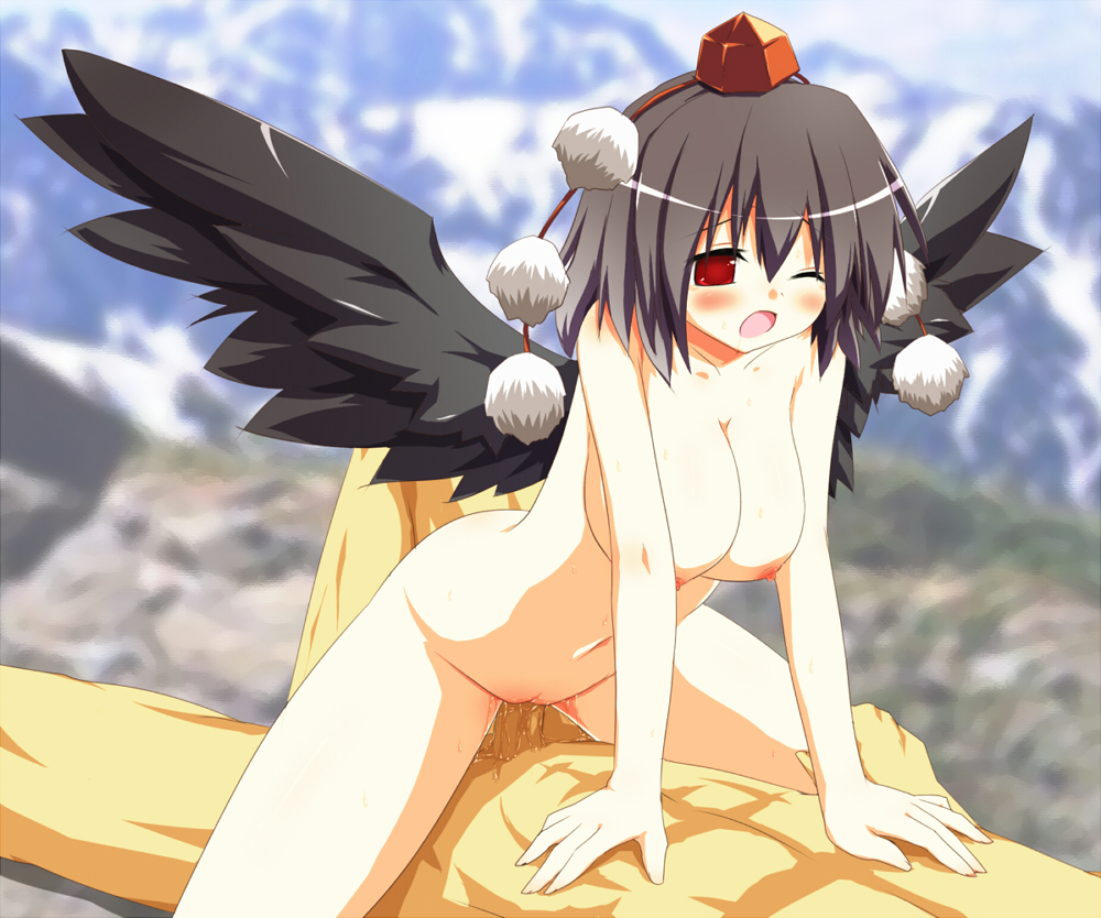 blush breasts chikyuujin_a cleavage cowgirl_position female hat large_breasts male nipples nude open_mouth penis pussy red_eyes saliva sex shameimaru_aya straddle straight sweat tokin_hat touhou uncensored vaginal_penetration wince wings