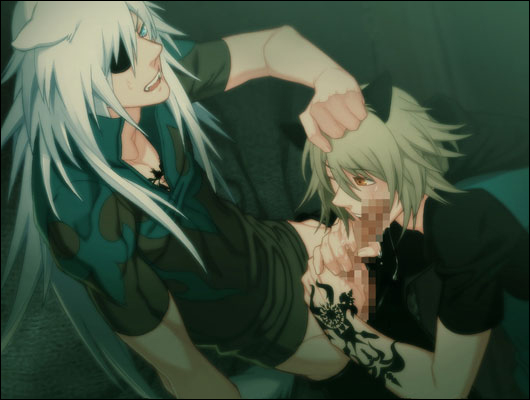 2boys animal_ears blonde_hair cat_ears catboy censored eye_patch fellatio konoe lamento long_hair multiple_boys oral penis rai saliva short_hair silver_hair tattoo tattoos yaoi