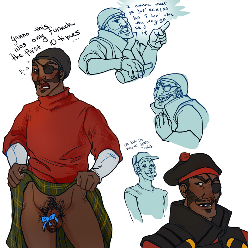 2boys age_difference artist(katya) average_sized_penis baseball_cap bottle bow dark-skinned_male dark_skin demoman dialog english_dialogue english_text exposed_penis eye_patch eyepatch facial_hair flaccid_penis headset holding_object kilt kilt_lift laughing male older_male partially_retracted_foreskin pointing prank presenting_penis ribbon scottish_accent scout sleeveless_shirt soul_patch tam_o'shanter team_fortress_2 tied_penis uncut watch_cap yaoi younger_male