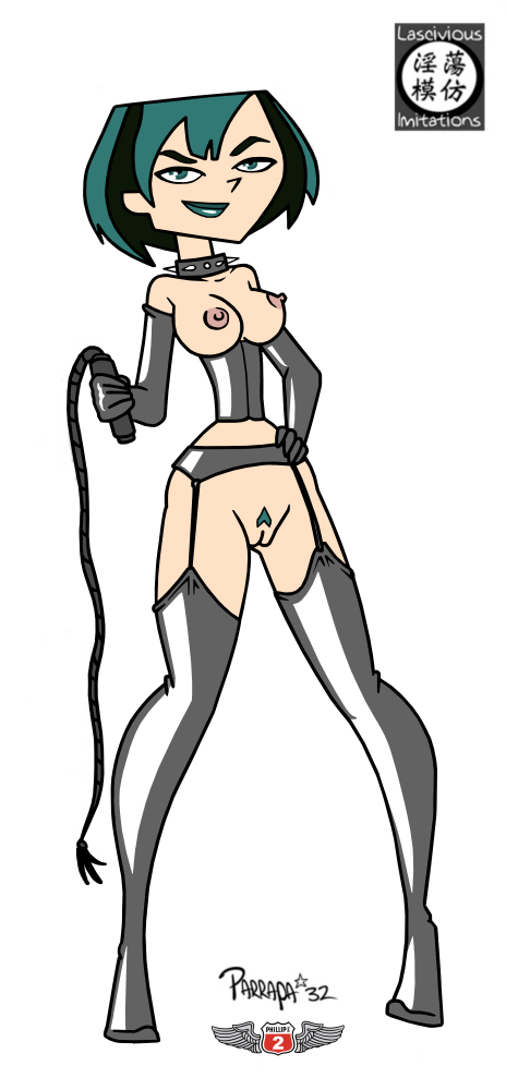 breasts dominatrix female female_only garter_belt gloves green_hair gwen_(tdi) human human_only innie_pussy parrapa_32 phillipthe2 solo spiked_collar standing stockings tagme total_drama_island whip white_background