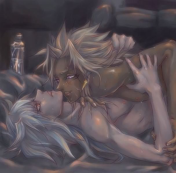 2boys blonde_hair dark_skin male multiple_boys naked nude purple_eyes red_eyes sex spiked_hair spiky_hair violet_eyes water yami_bakura yami_marik yaoi yu-gi-oh!