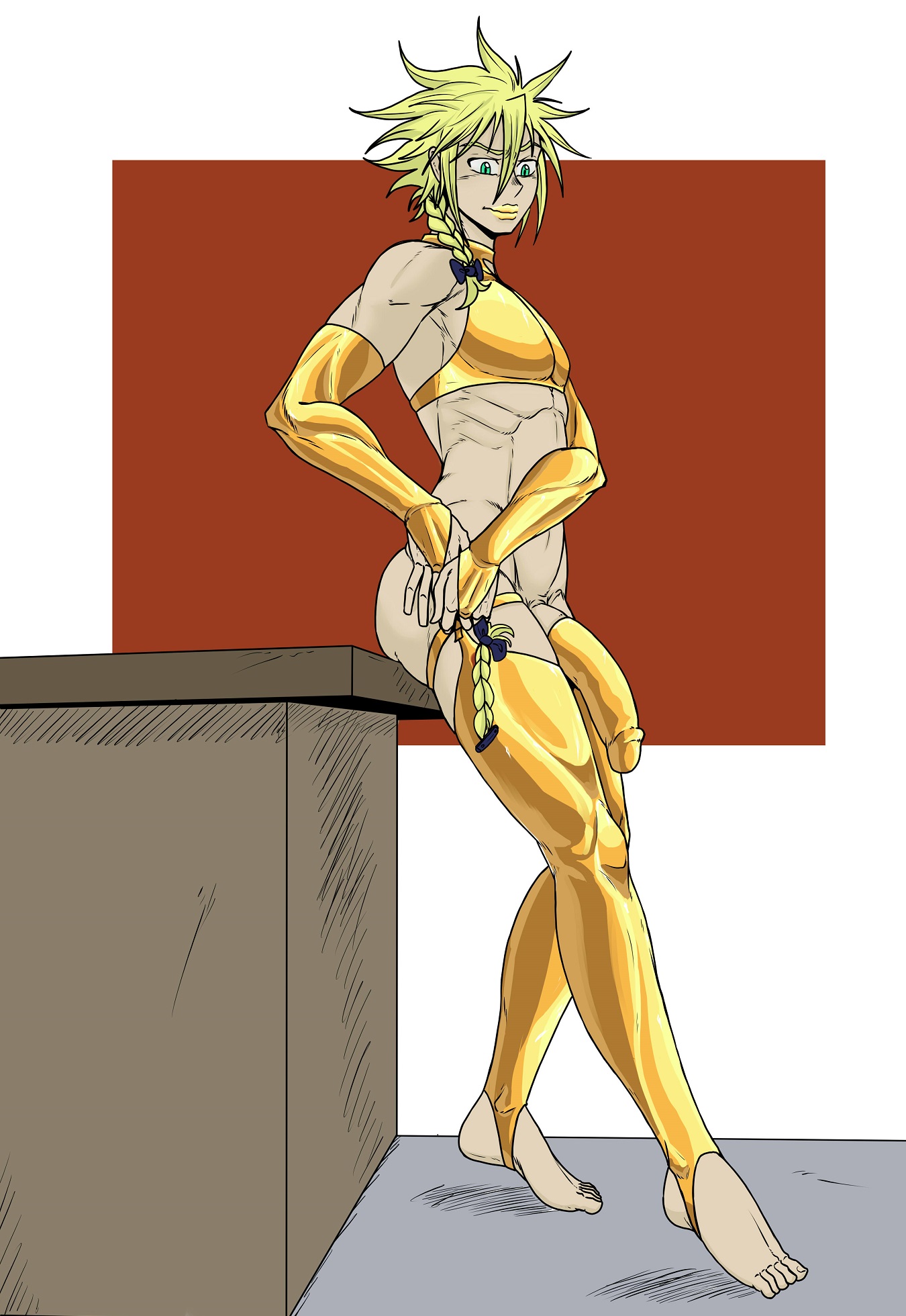 1boy, blonde hair, cloud strife, cock sleeve, cock sleeve (clothes), crossdressing, final fantasy, final fantasy vii, final fantasy vii remake, garter straps, gold (metal), hair ribbon, kiahl, leggings, lobsterkiahl, male, male focus, male only, muscular, muscular male, penis, self upload, square enix