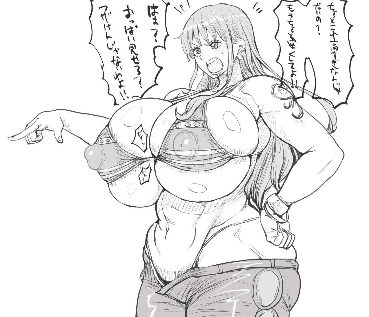big nipples, bikini, breasts, clothing, female, female only, huge breasts, jeans, long hair, nami (one piece), nipples visible through clothing, one piece, overflowing breasts, ponkotsuu, sketch, striped bikini, text, translation request, venus body