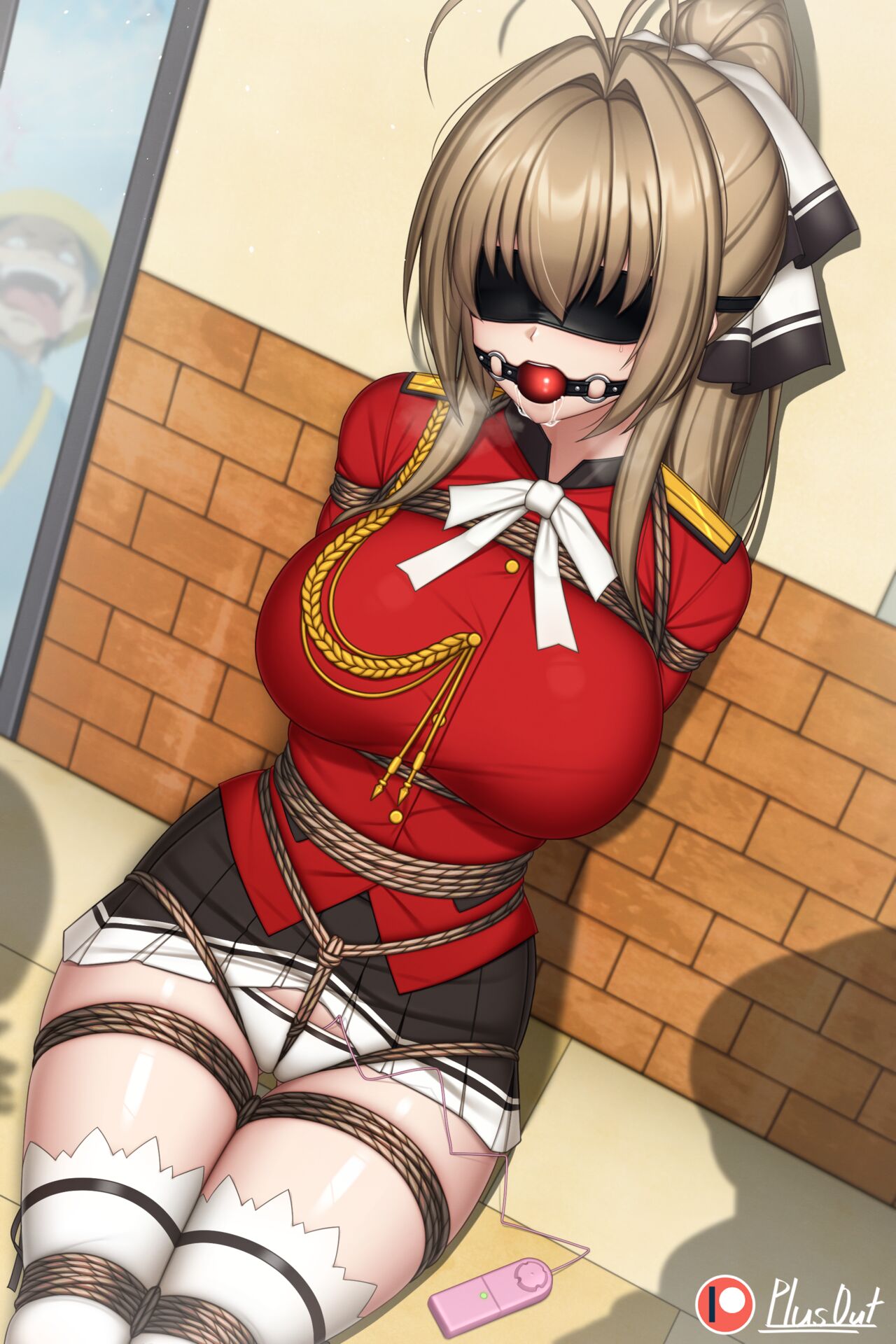 1girls amagi_brilliant_park arms_behind_back ball_gag big_breasts black_skirt blindfold blonde_hair blush bondage buttons crazy_smile crotch_rope frilled_skirt gag gagged hair_ribbon legs_tied legs_together massive_breasts mirror mirror_reflection plusout ponytail red_shirt sento_isuzu shadow sitting skirt_up solo solo_focus uniform vibrator vibrator_under_clothes vibrator_under_panties white_legwear white_panties white_stockings