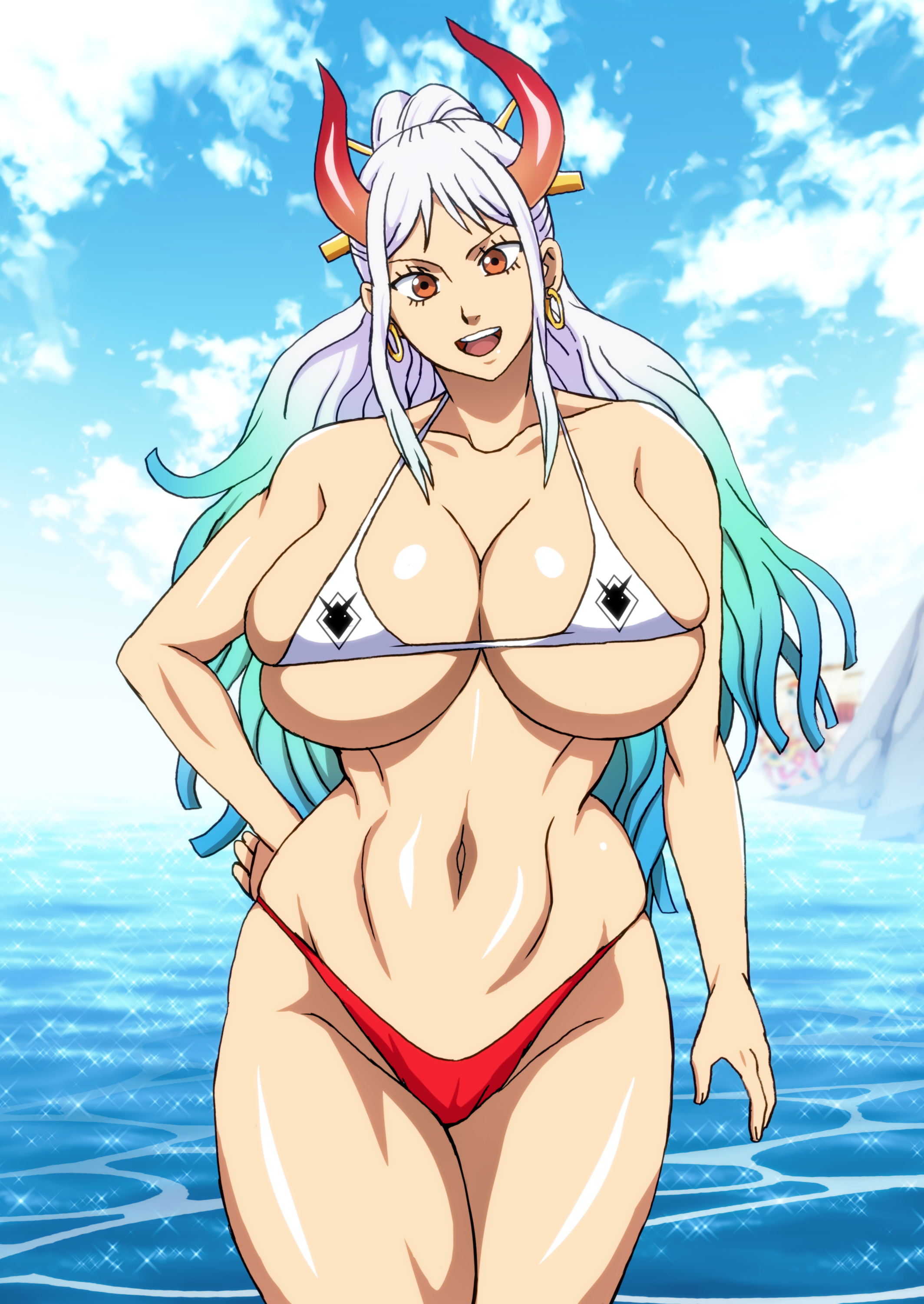 1girls, alternate breast size, big breasts, bikini, blue hair, breasts, brown eyes, clothed, clothing, color, curvy, demon, ear piercing, earrings, female, female focus, female only, gigantic breasts, gradient hair, hi res, highres, hoop earrings, horned humanoid, horns, huge breasts, humanoid, large breasts, light skin, light-skinned female, long hair, multicolored hair, naruho, one piece, oni, oni horns, revealing clothes, simple background, solo, two-tone hair, white hair, white-haired female, wide hips, yamato (one piece)