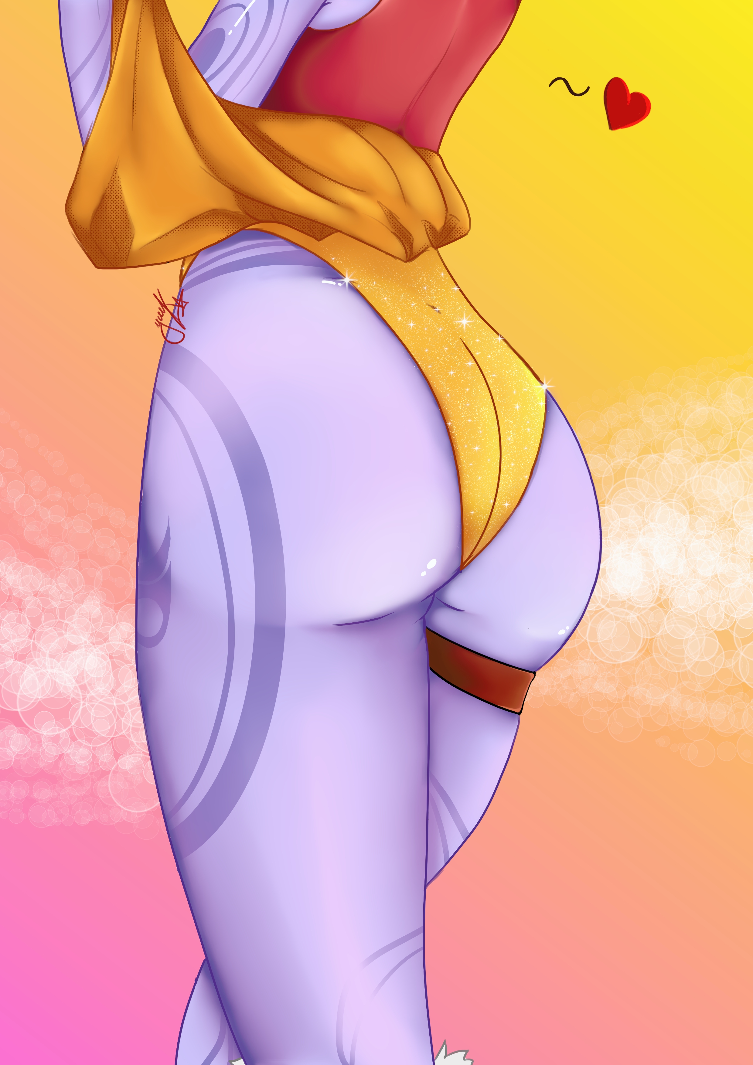 1girls, ass, ass focus, backside, bare legs, butt focus, clothed, clothed female, clothing, curvy, curvy figure, dress, dress lift, female, female only, heart, league of legends, olesanaushhh, purple body, purple skin, rear view, solo, soraka, standing, tattoo, wide hips