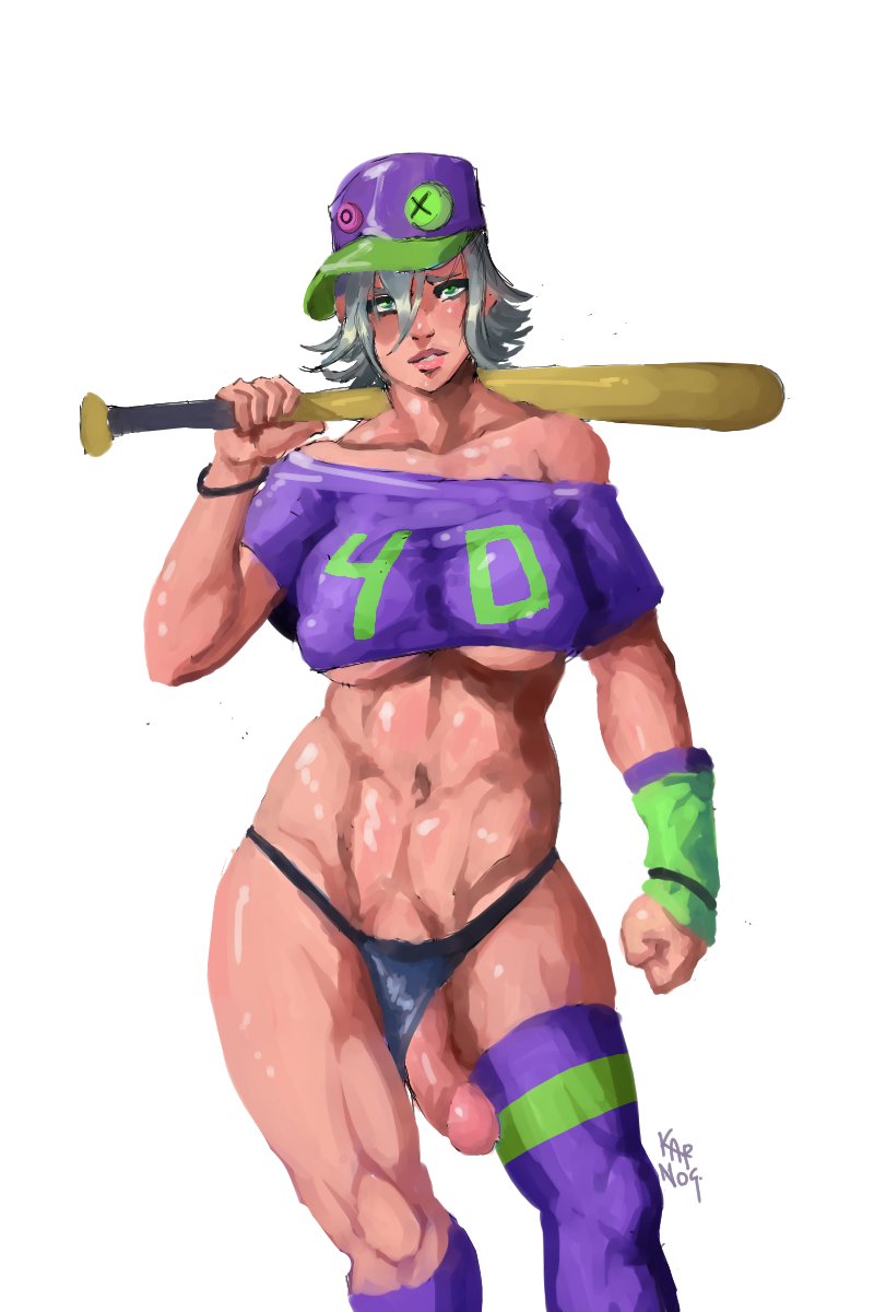 1futa, 2020, abs, balls, baseball bat, baseball cap, big breasts, breasts, clothed, clothing, futa only, futanari, human, intersex, karnos, light skin, light-skinned futa, muscular, muscular futa, panties, partially clothed, penis, solo, standing, tagme, thighhighs, white hair