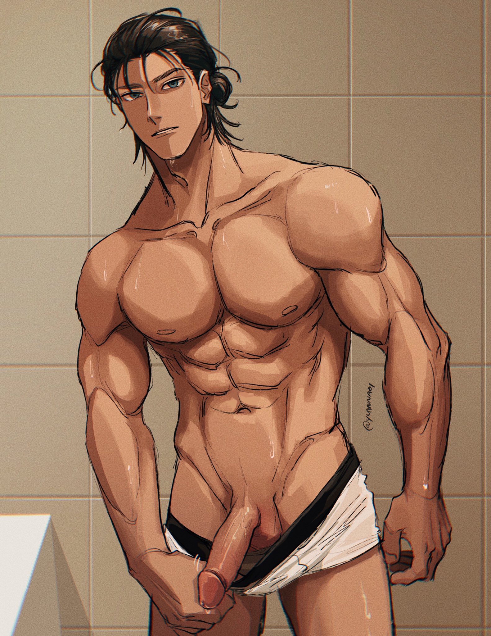 1boy, attack on titan, boner, brown hair, erection, eren jaeger, genitals, half-erect, long hair, long-haired male, male, male only, penis, presenting, presenting penis, shingeki no kyojin, solo, solo focus, underwear pull, yuannaoi