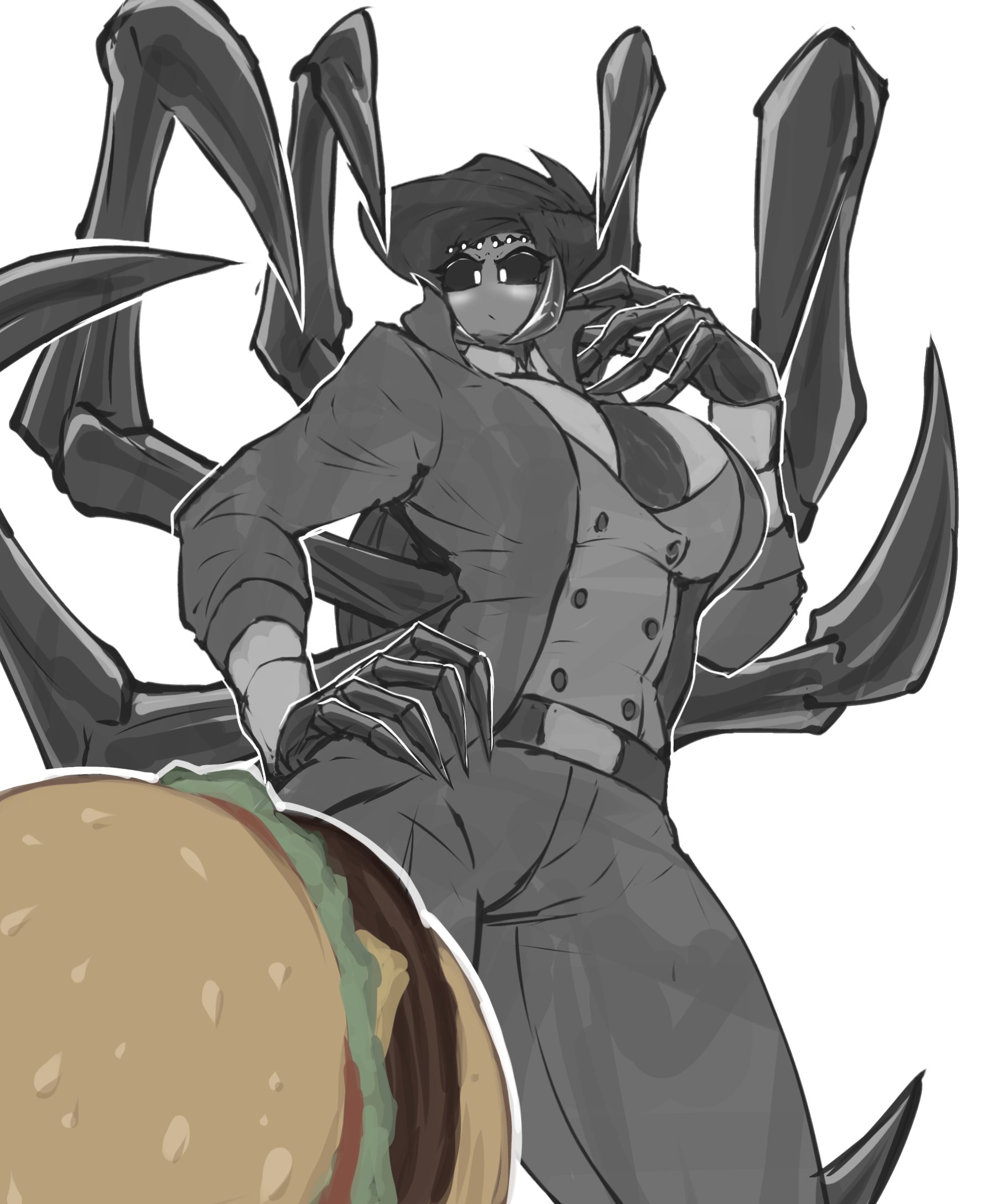 :o, 1girls, 2022, 5 fingers, anthro, anthrofied, belt, belt buckle, big breasts, big thighs, black and white, black sclera, blush, breasts, burger, clawed fingers, clothed, clothed female, covered breasts, curvaceous, curves, curvy, curvy body, curvy female, curvy figure, curvy hips, eyelashes, eyelashes visible through hair, female, female focus, female only, fully clothed, hair, hamburger, hand on hip, hi res, highres, hips, huge breasts, large breasts, large hands, large thighs, looking at food, looking down, monster, monster girl, multi eye, office, office clothing, office lady, original, original character, rey (zzzhodazzz), sharp claws, short hair, simple background, slim, slim waist, solo, solo female, solo focus, spider, spider girl, spider humanoid, spider legs, standing, suit, suit and tie, thick thighs, thighs, tie, white background, wide hips, zzzhodazzz