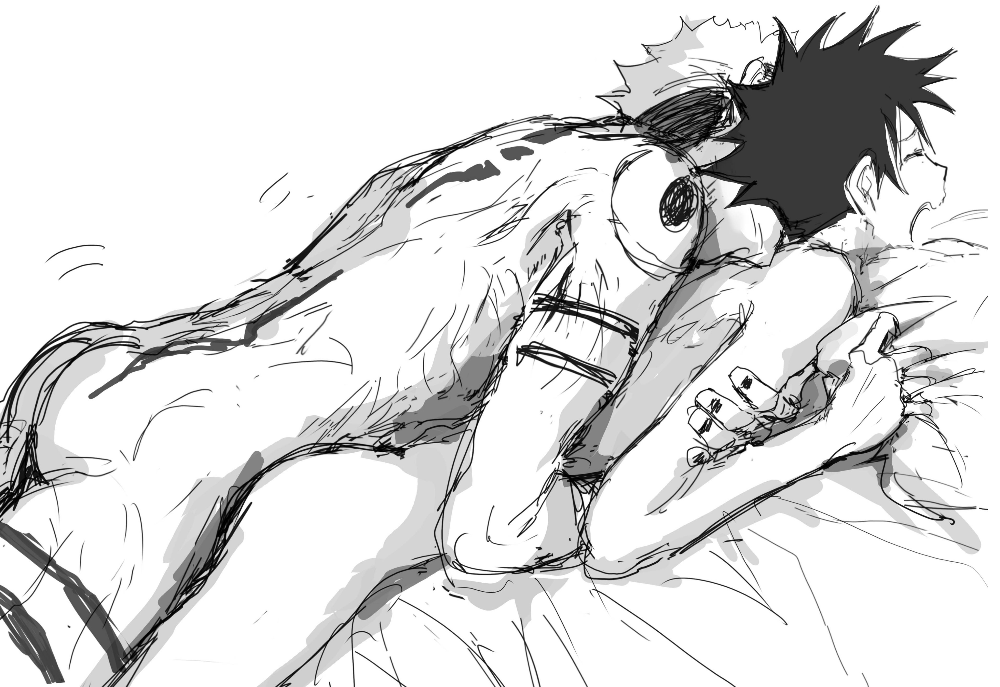 140wwwei, 2boys, anal, anal sex, arm tattoo, ass, bed sheet, completely nude, facial tattoo, fushiguro megumi, gay, jujutsu kaisen, leg tattoo, lying on person, male, male focus, male only, male penetrating, male penetrating male, male/male, monochrome, multiple boys, multiple males, nail polish, nude, penetration, prone bone, ryoumen sukuna (jujutsu kaisen), screaming, sex, sex from behind, short hair, shoulder tattoo, size difference, spiked hair, tattoo, twink, undercut, yaoi