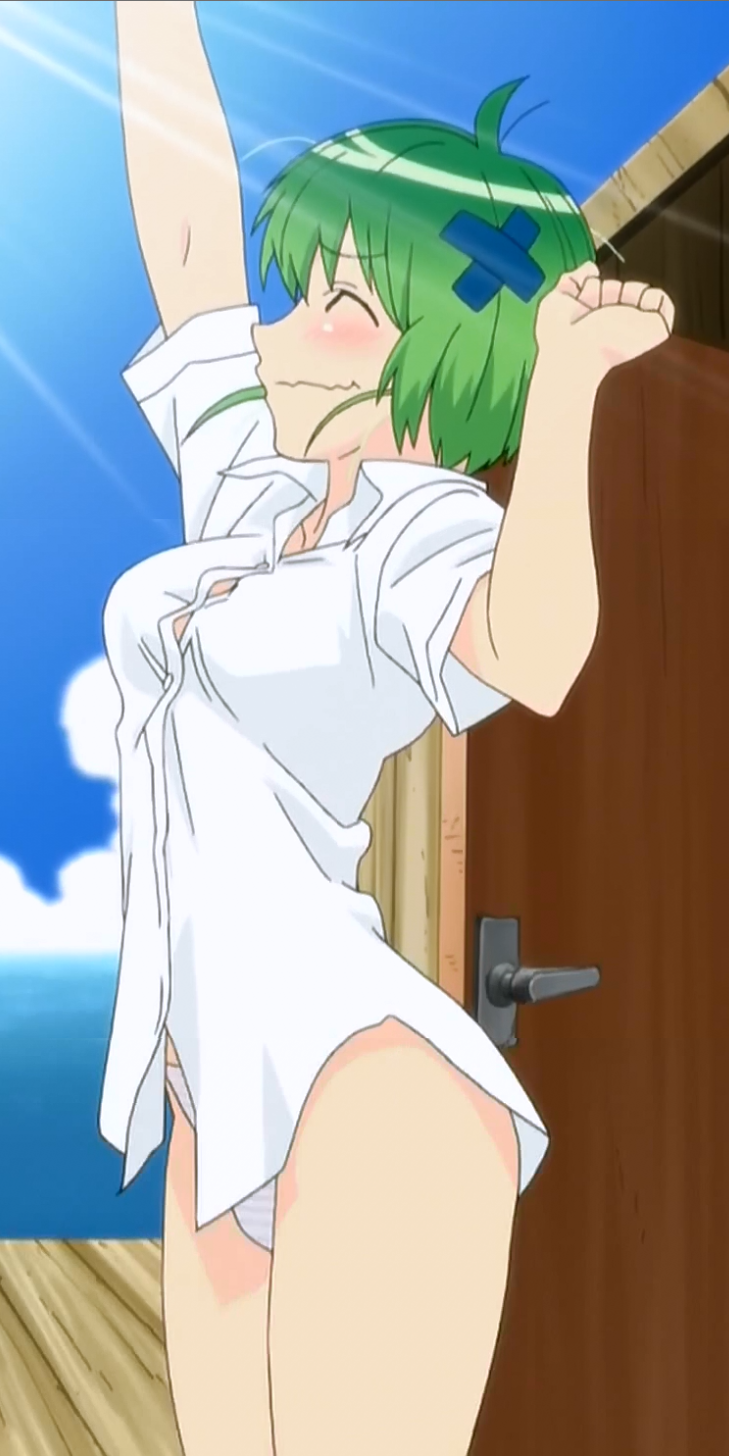 bakadere bare_hips blush closed_eyes clothing curvy_hips day female green_hair hair_ornament high_resolution kenkou_zenrakei_suieibu_umishou legs medium_hair ninagawa_amuro ocean one_arm_up outstretched_arm pantsu screen_capture screencap shirt smile striped striped_panties striped_underwear teenage teenage_girl teenager underwear white_shirt x_hair_ornament