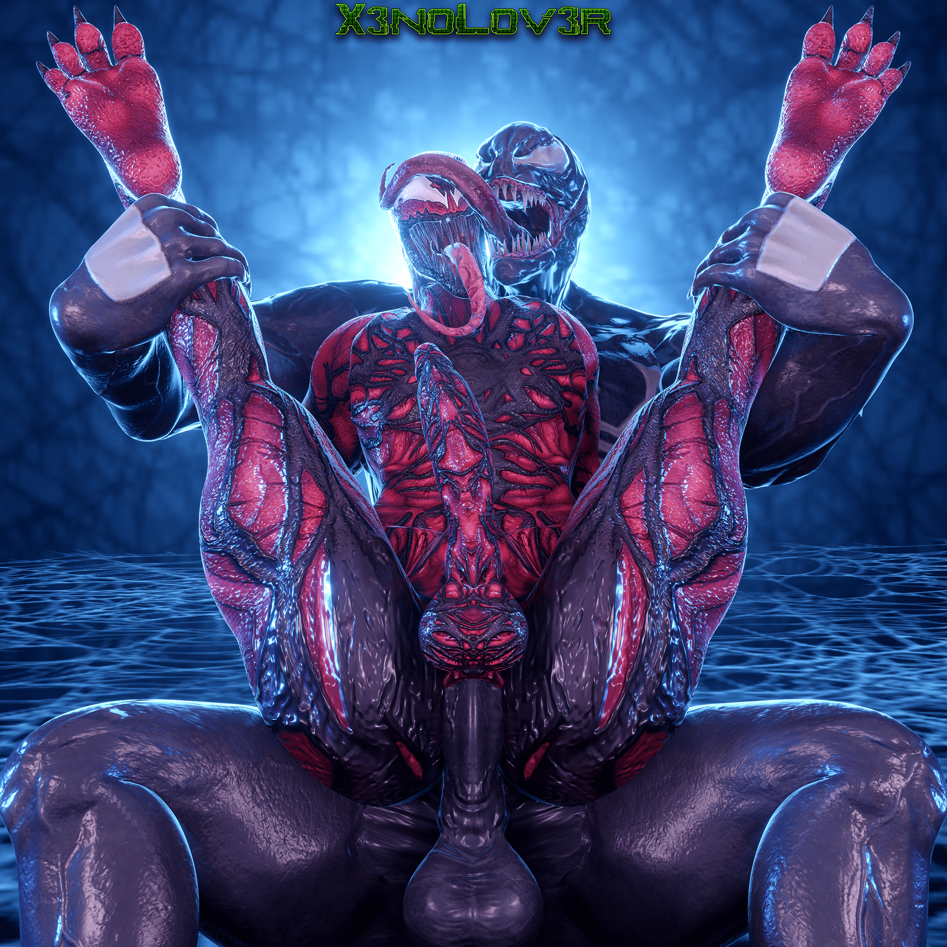 2boys, 3d, anal, anthro, ass, balls, carnage (marvel), claws, dark body, erect while penetrated, erection, fangs, father and son, gay, licking face, long tongue, male, male anthro, male only, male penetrated, male penetrating, male penetrating male, male/male, marvel, marvel comics, nude, outside, penetration, red body, sex, smooth skin, spider-man (series), thekidxeno, tongue, venom (marvel), yaoi
