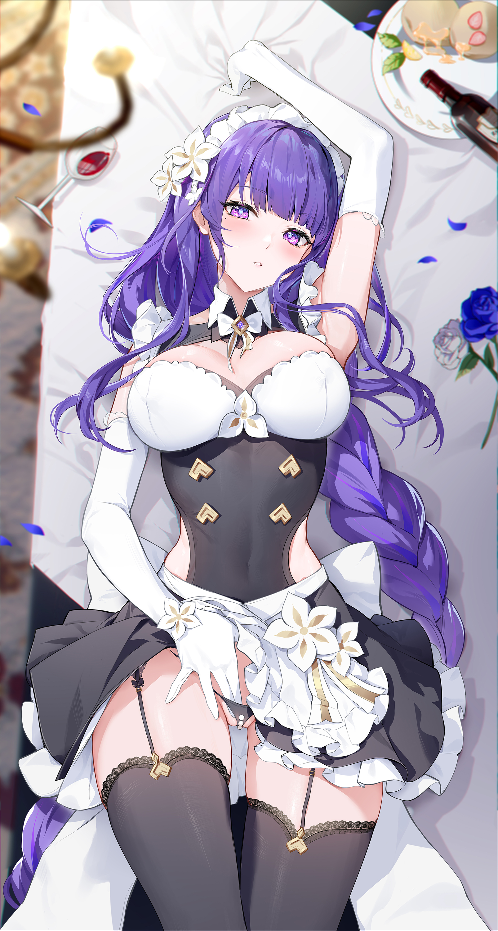 beauty mark, breasts, cleavage, curvy, female, garter straps, genshin impact, hi res, higher resolution available, houkiboshi (mmjw7432), large breasts, looking at viewer, lying, maid, maid headdress, maid uniform, milf, on back, purple eyes, purple hair, raiden shogun, thighhighs, voluptuous
