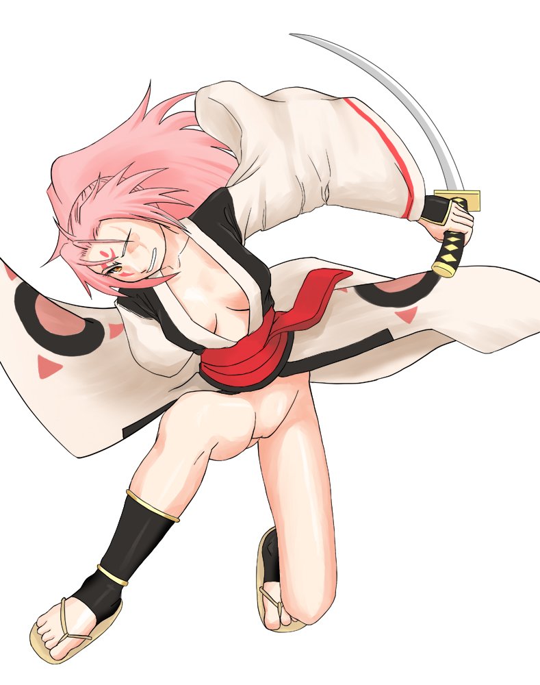 baiken bottomless facial_markings female guilty_gear japanese_clothes large_breasts no_panties pink_hair raga shoes solo sword wink