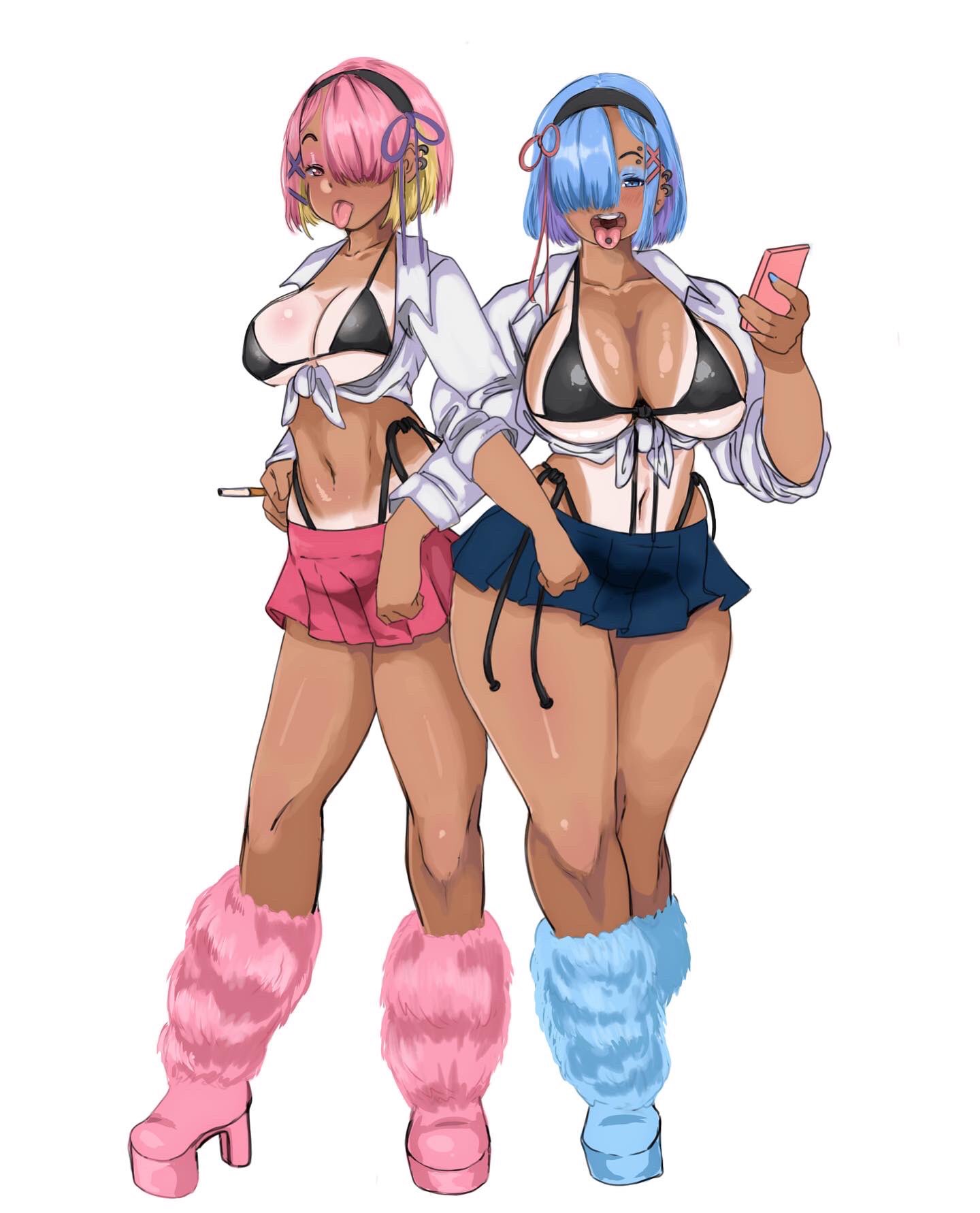 2022 2girls bikini_top bimbo blue_eyes blue_hair breast_size_difference breasts bwunnymom dark-skinned_female eyeshadow female female_only gyaru hair_over_one_eye hips holding_object huge_breasts large_breasts leg_warmers mind_break naughty_face phone pink_eyes pink_hair ram_(re:zero) re:zero_kara_hajimeru_isekai_seikatsu rem_(re:zero) short_hair short_skirt simple_background sisters skirt slim_waist tan tan-skinned_female tanline tanlines tanned_skin thick_thighs thighs tongue tongue_out tongue_piercing wide_hips