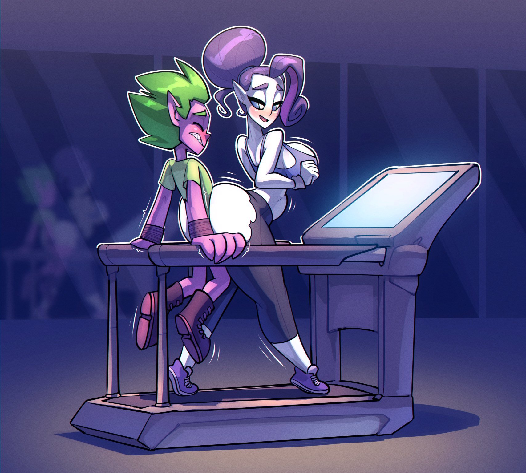 1boy, 1girls, age difference, alternate species, ambiguous penetration, ass, big breasts, big penis, bigdad, blue eyes, blush, bra, breasts, closed eyes, clothed, clothing, different ass sizes, duo, exercise, eyebrows, female, fingers, footwear, friendship is magic, green eyes, green hair, hair, hasbro, hi res, humanized, humanoid, humanoidized, inside, larger female, leggings, legwear, male, motion lines, my little pony, older female, open mouth, penetration, penis, pointy ears, ponytail, purple body, purple hair, purple skin, rarity (mlp), sex, sexually dimorphic butts, shoes, size difference, smaller male, smooth skin, spike (mlp), sports bra, standing, stomach bulge, thick thighs, torn clothing, treadmill, underwear, white body, white skin, working out, yoga pants, younger male