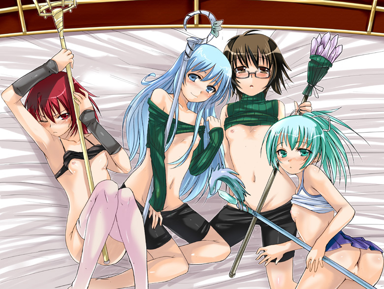 4:3_aspect_ratio 4girls ass aussa bare_shoulders bed blue_eyes blue_hair bottomless brown_eyes brown_hair censored clavicle clothes_pull clothing convenient_censoring duel_monster eria female green_eyes green_hair hiita lineup long_hair lying megane multiple_girls na_mizuumi navel nipples nopan pettanko ponytail red_eyes red_hair shirt shirt_lift shirt_pull sleeveless sleeveless_turtleneck spats staff take_your_pick tank_top thighhighs tied_hair turtleneck wand wynn yu-gi-oh! yu-gi-oh!_duel_monsters