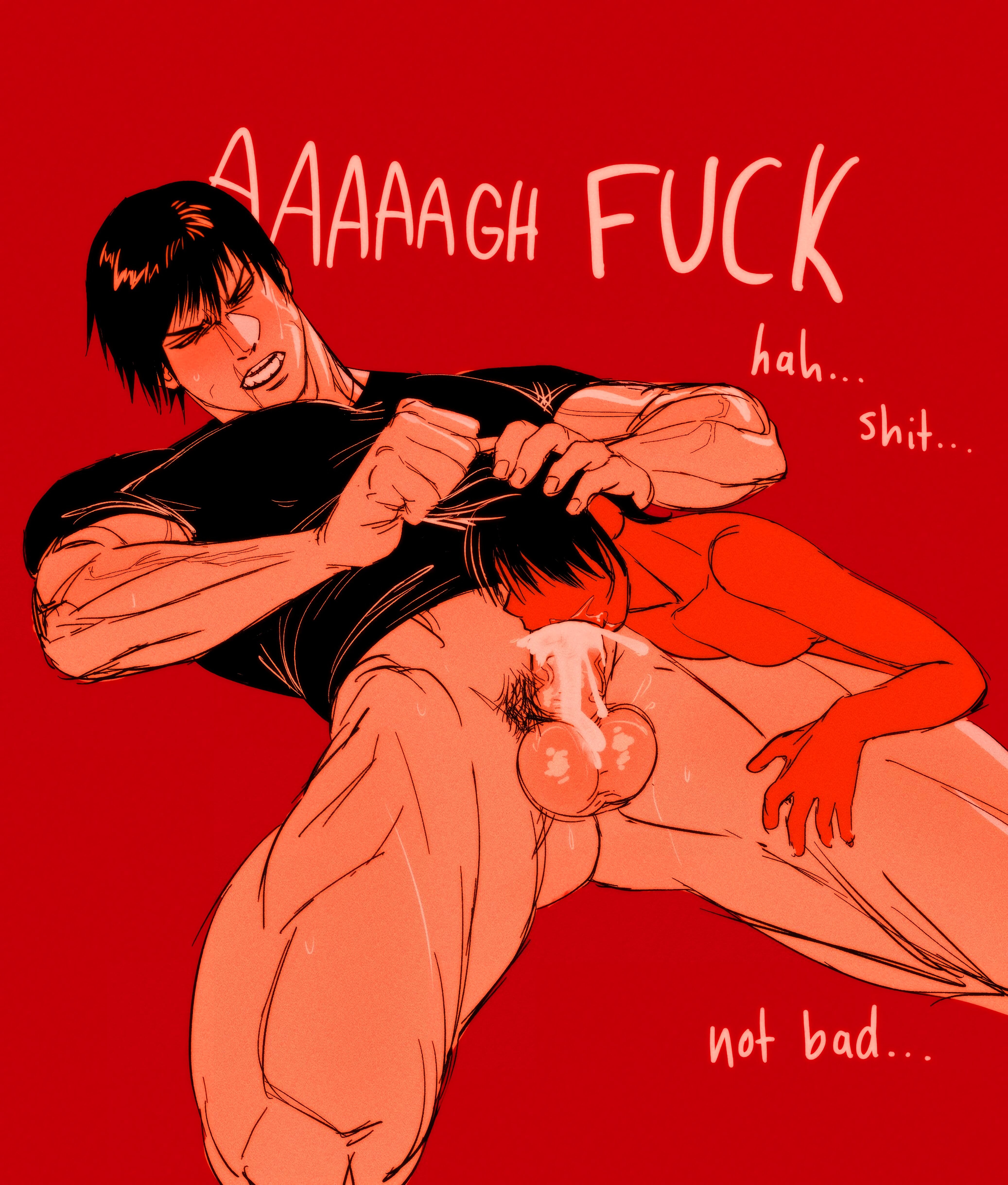 1boy, 1girls, ass, balls, biceps, black hair, blowjob, blush, breasts, challenge, climax, cum, cum in mouth, faceless character, faceless female, female, flexing, hair pull, huge balls, huge cock, juhihuji, jujutsu kaisen, legs, male, male blushing, mama fushiguro, nipples, orgasm, pectorals, penis, scar, sex, smiling, straight, sucking, sucking penis, suffocation, toji fushiguro