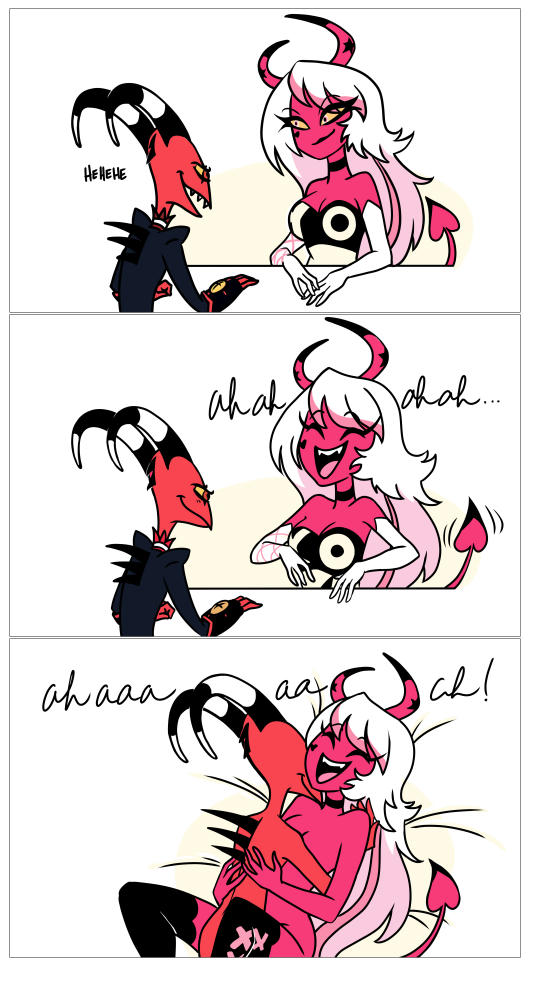 blitzo (helluva boss), demon, female, helluva boss, imp, laugh, lipstick, missionary position, passionate, pink skin, pussy, red skin, romantic couple, romantic sex, sex, succubus, vaginal penetration, verosika mayday (helluva boss)